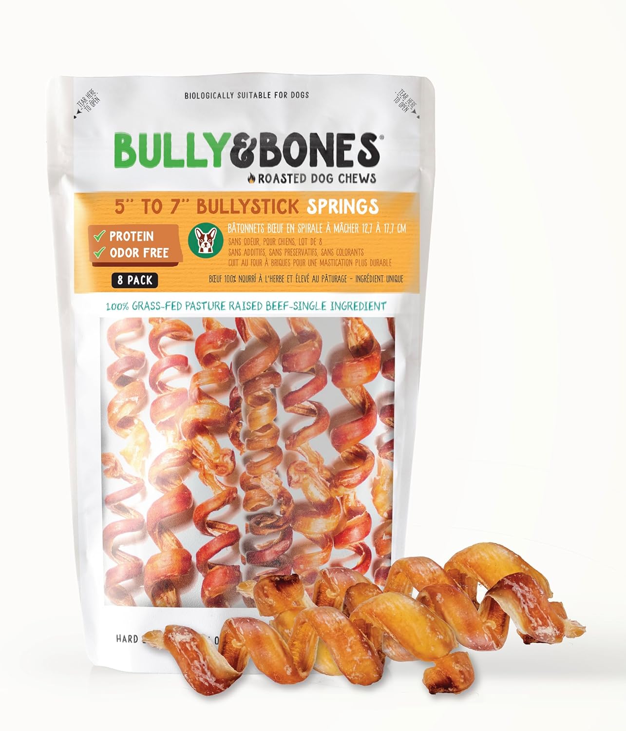 Bully & Bones 5 to 7 Inch Odor Free Bully Stick Springs (8 Pack) for Dogs. Healthy Single-Ingredient Beef chew Treats Crafted to Stimulate Your Dog’s Taste Buds. 5” to 7” Bully Stick Springs.