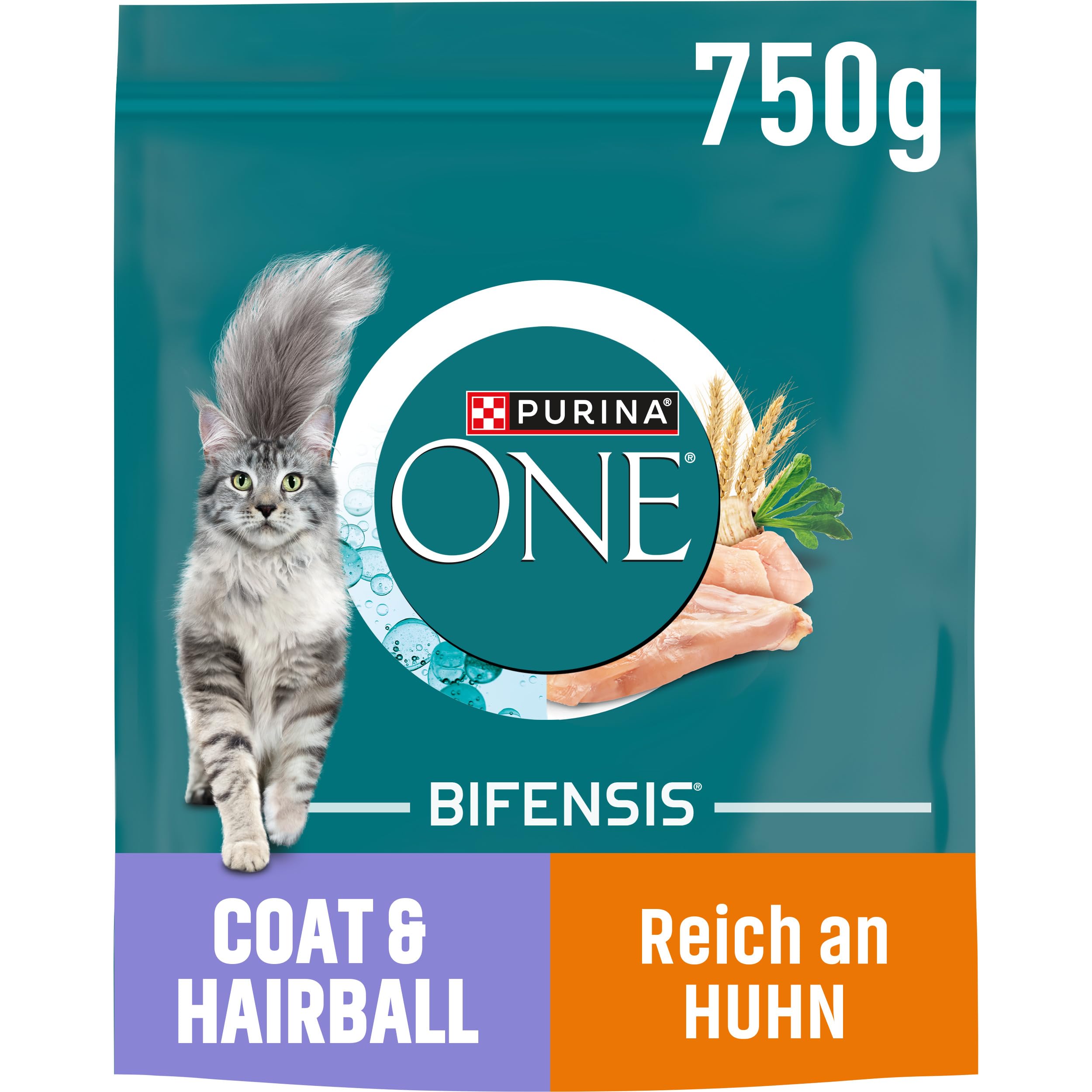 Purina ONE BIFENSIS Coat und Hairball Katzenfutter trocken, reich an Huhn, 6er Pack (6 x 750g)