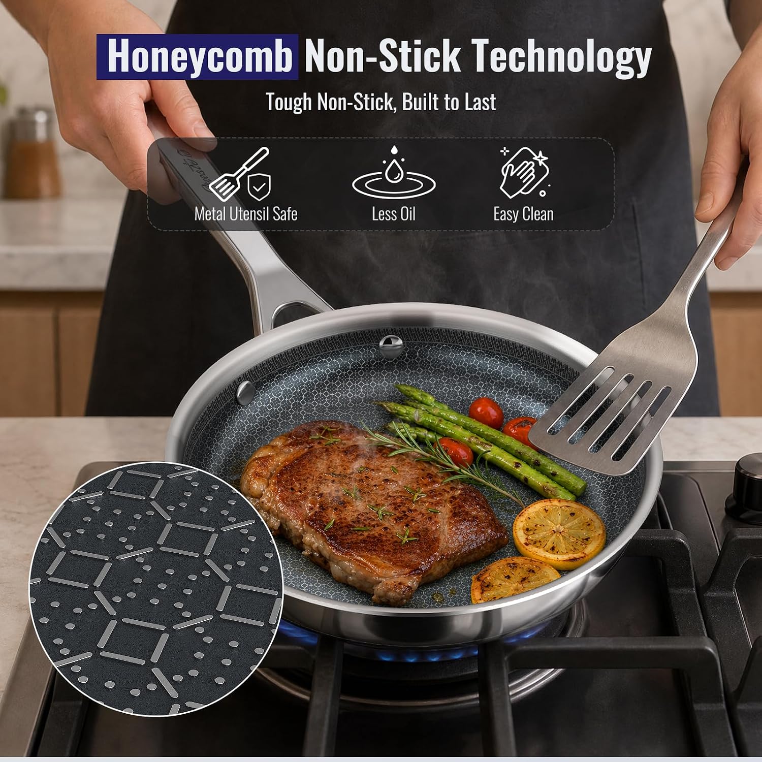 Ciwete 9-Piece Stainless Steel Cookware Set, Hybrid Nonstick Frying Pan