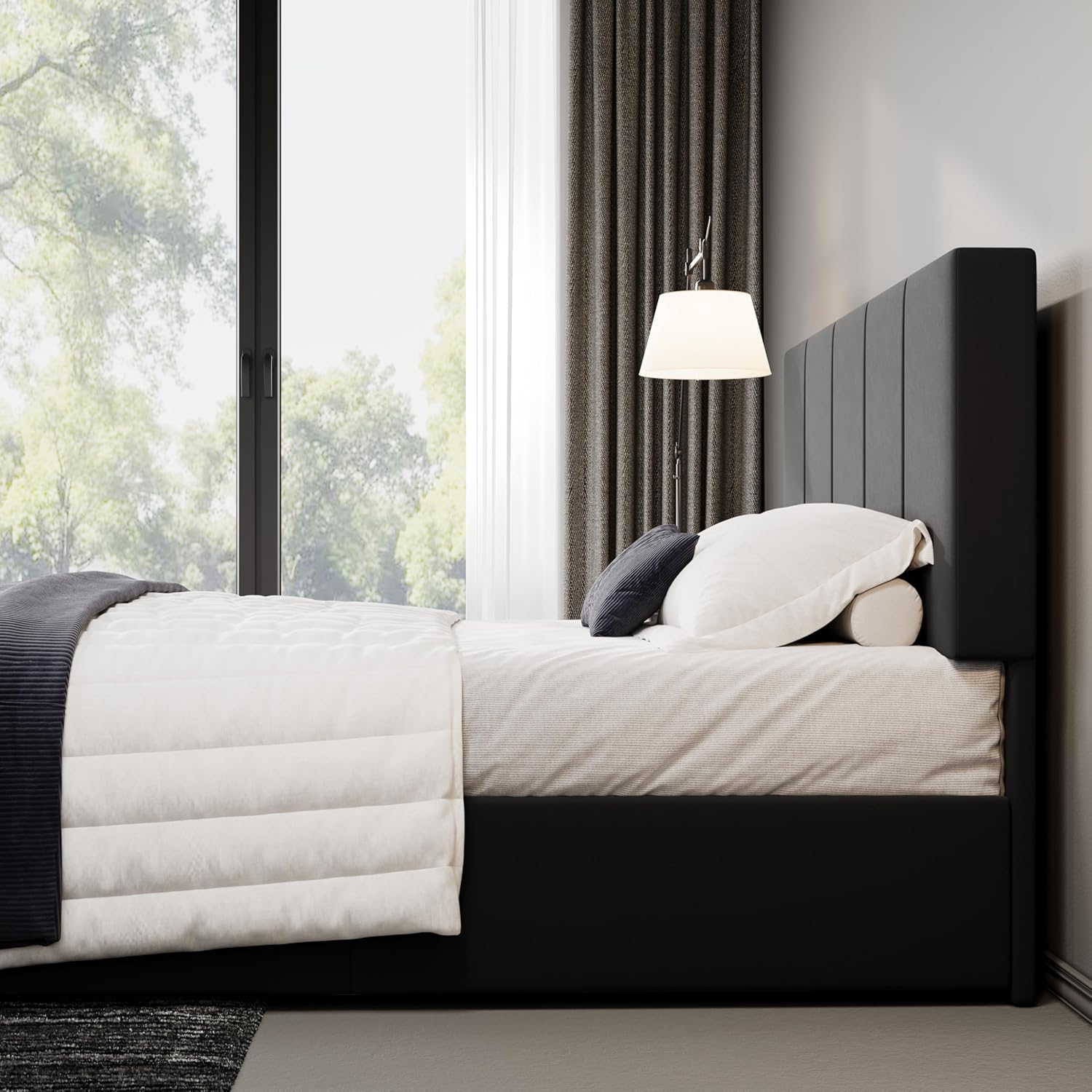 Allewie Full Size Dutch Velvet Upholstered Platform Bed Frame/Vertical Channel Tufted Adjustable Headboard/Low Profile Bed Frame/No Box Spring Needed/Easy Assembly/Black