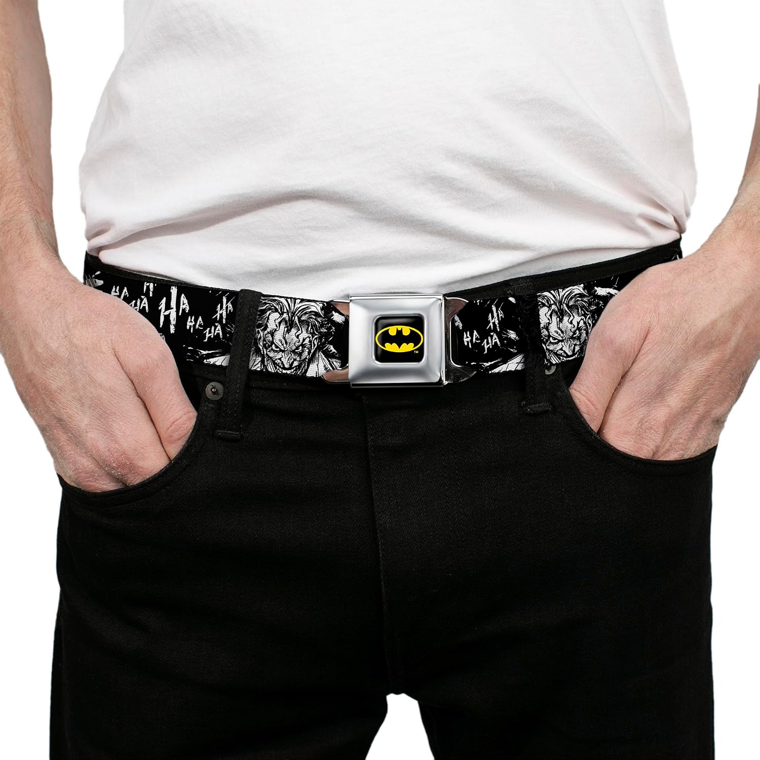 DC Comics Belt, Seatbelt Buckle Belt, Batman The Dark Knight and Joker Smiling Close Up Black, Adjustable