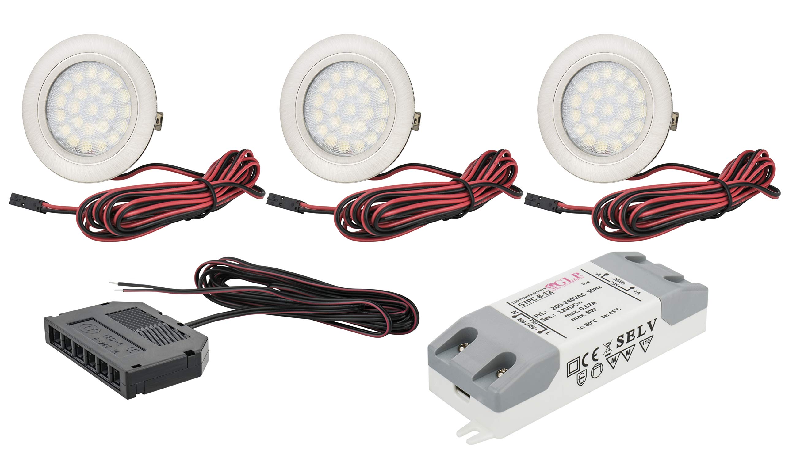 JungesLicht 3er Set LED Möbelleuchte Tim 2Watt 12V DC, inkl. LED Trafo, Anschlusskabel und Amp-Verteiler, 6000Kelvin tageslichtweiß 200Lumen, passend für Bohrlöcher von 54-58mm, Außen 65mm, 12mm Tiefe
