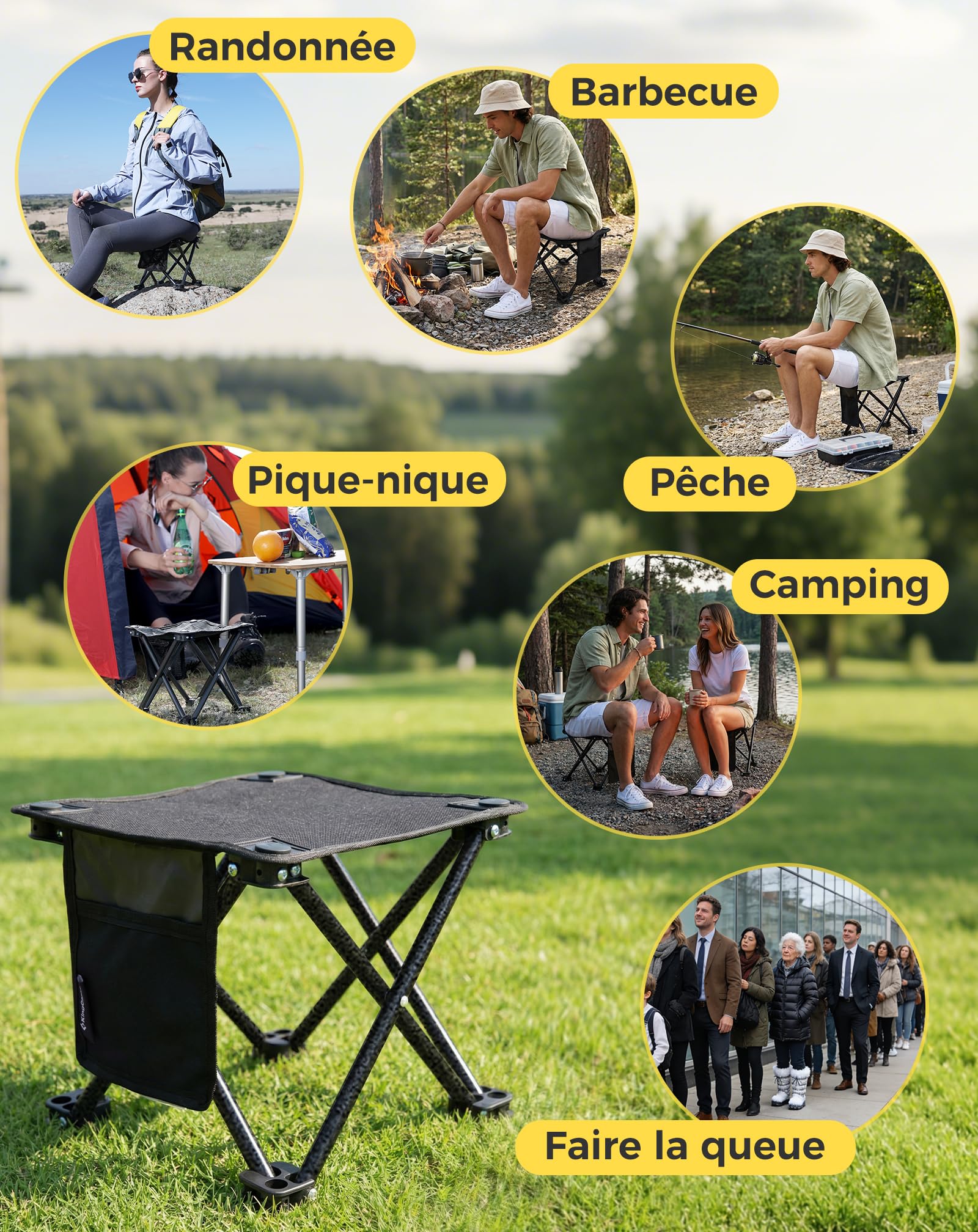 KingCamp Lot de 2 Tabourets de Camping Pliables jusqu'à 180 kg Noir | Légers 0,65 kg avec Assise Basse 28x28 cm, Format Compact et Sac de Transport pour Pêche, Jardin et Outdoor