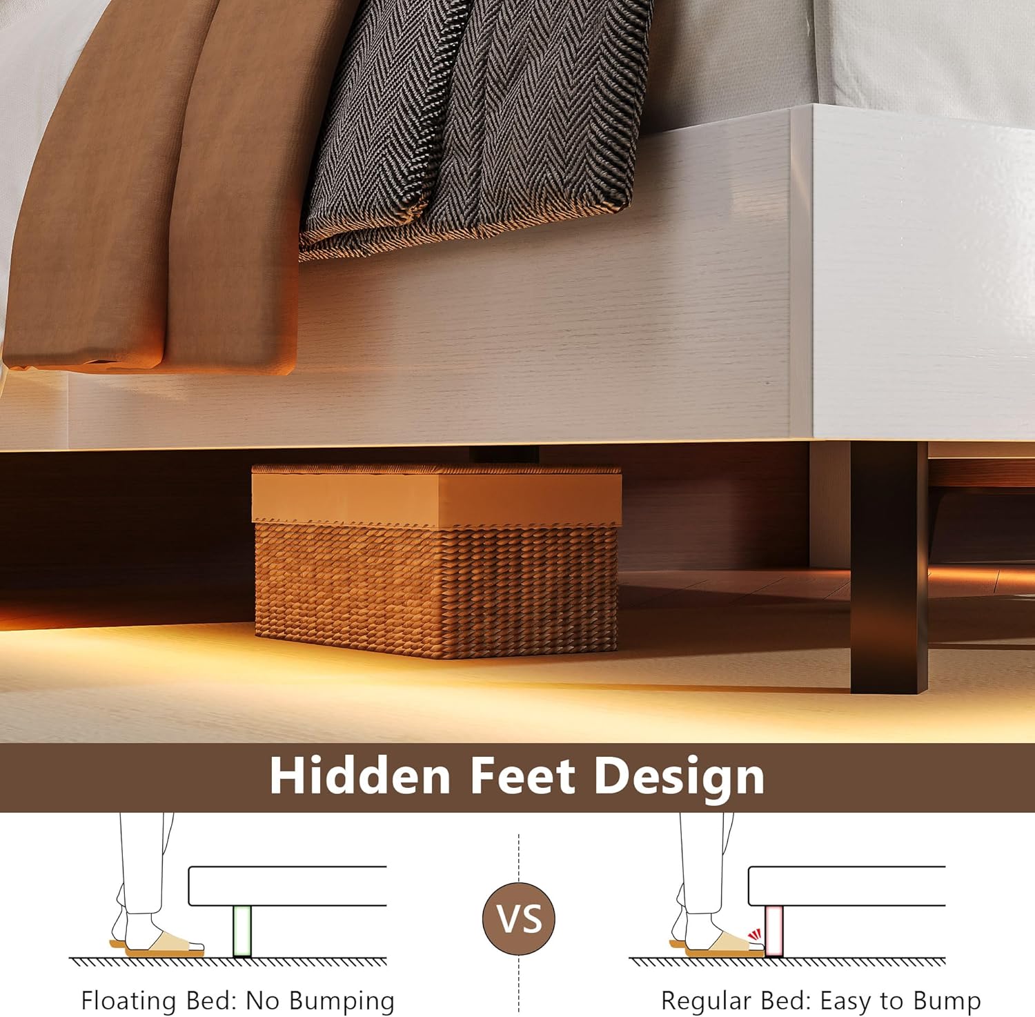 Einhomn Floating Bed Frame King with 2-Tier Storage Velvet Fabric Upholstered Headboard, Wooden Platform Bed Frame w/Charging Station & LED Lights, Metal Slats Support, No Box Spring Needed, White