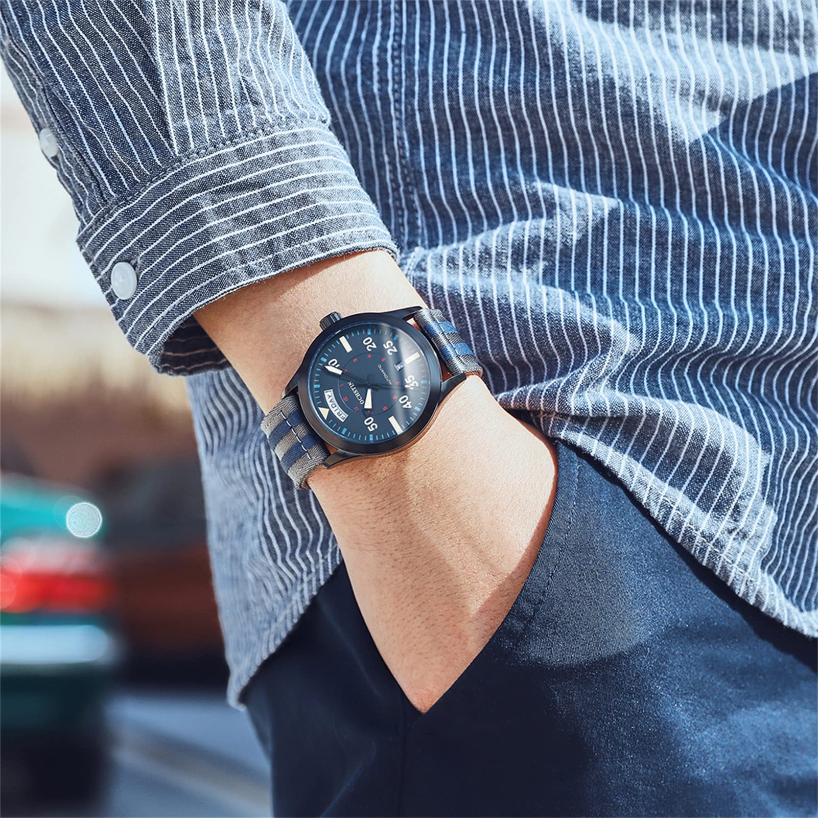 Męskie zegarki analogowy wyświetlacz daty automatyczny zegarek dla mężczyzn wodoodporny codzienny mechaniczny zegarek na rękę moda biznes, NIEBIESKI