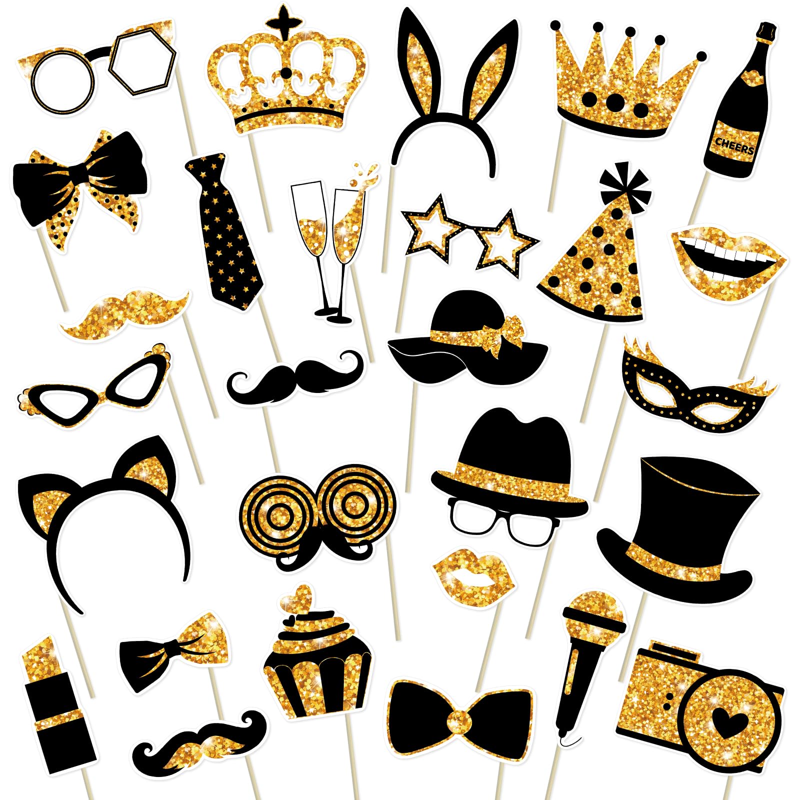 28 Pcs Photo Booth Props for Birthday, Weddings,Mardi Gras,Family Reunion,New Year,Valentines Day,Easter Decor Funny Selfie Props Masquerade Party Decorations (Golden)