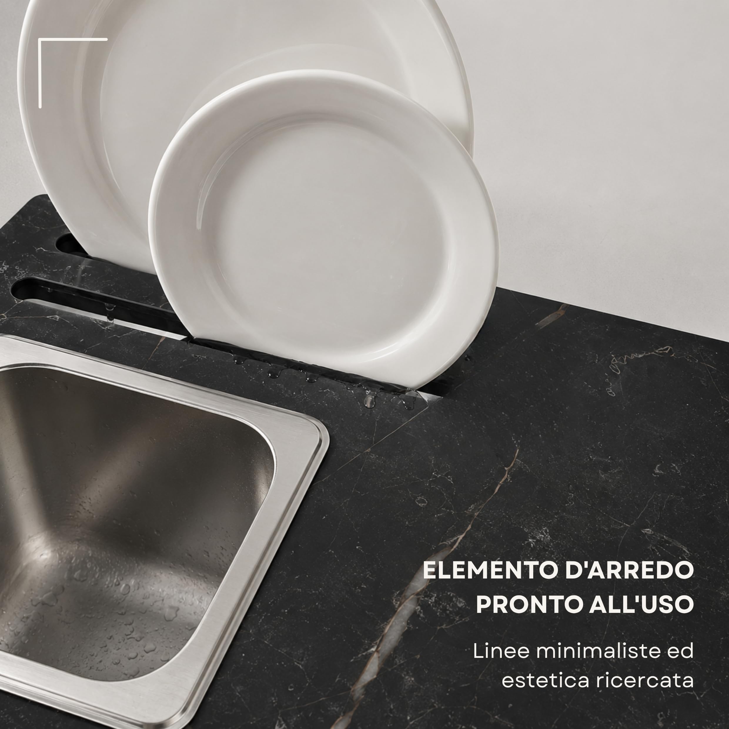 Tagliere da Lavabo in HPL 12mm Effetto Marmo Nero Design Moderno | Taglieri per Lavandino Antibatterico e Antigraffio con Vaschetta Contenitore Rimovibile per Alimenti Made in Italy