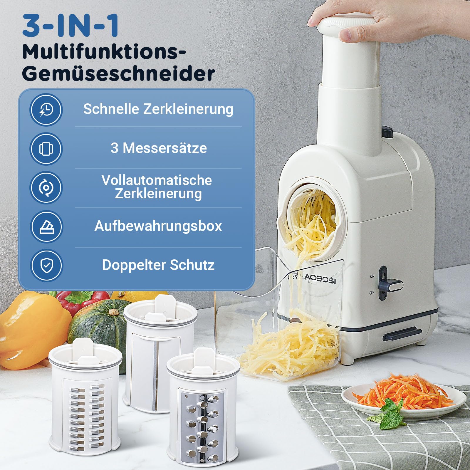 Gemüseschneider Elektrisch, AAOBOSI Elektrischer Gemüseschneider mit Aufbewahrungsbox, großem Einfüllschacht zum ganzer Karotten, Kartoffeln, 3 Einsätze und leisem Motor-Upgrade