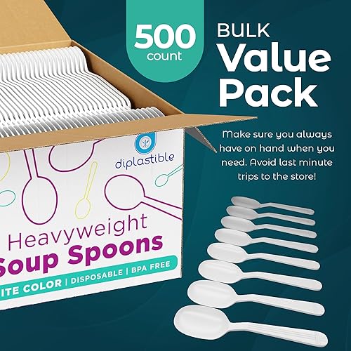 Vista 7 de Cucharas de sopa de plástico resistentes – Paquete de 500 cucharas desechables – Cubiertos para fiestas y eventos Cucharas de sopa blancas