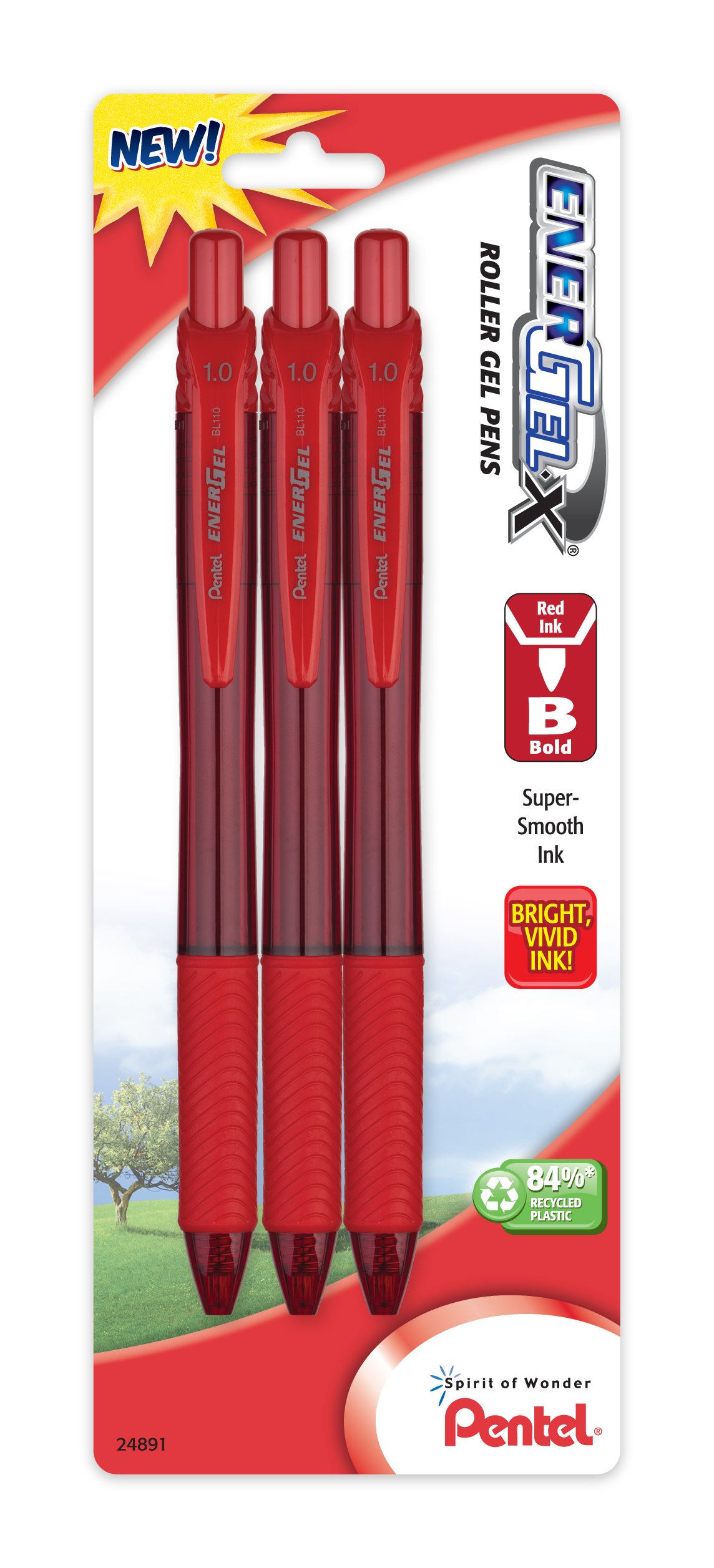 Pentel EnerGel-X Retractable Liquid Gel Pen, 1.0mm, Metal Tip, Red Ink, Pack of 3 (BL110BP3B) โ image 1