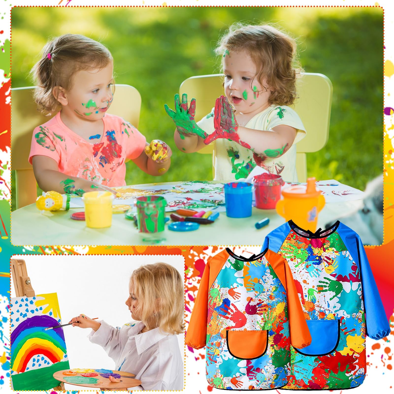 Volumoon 2 sztuki fartuch malarski dla dzieci, 2-7 lat, unisex, wielokolorowa, fartuch malarski z rękawami i kieszeniami