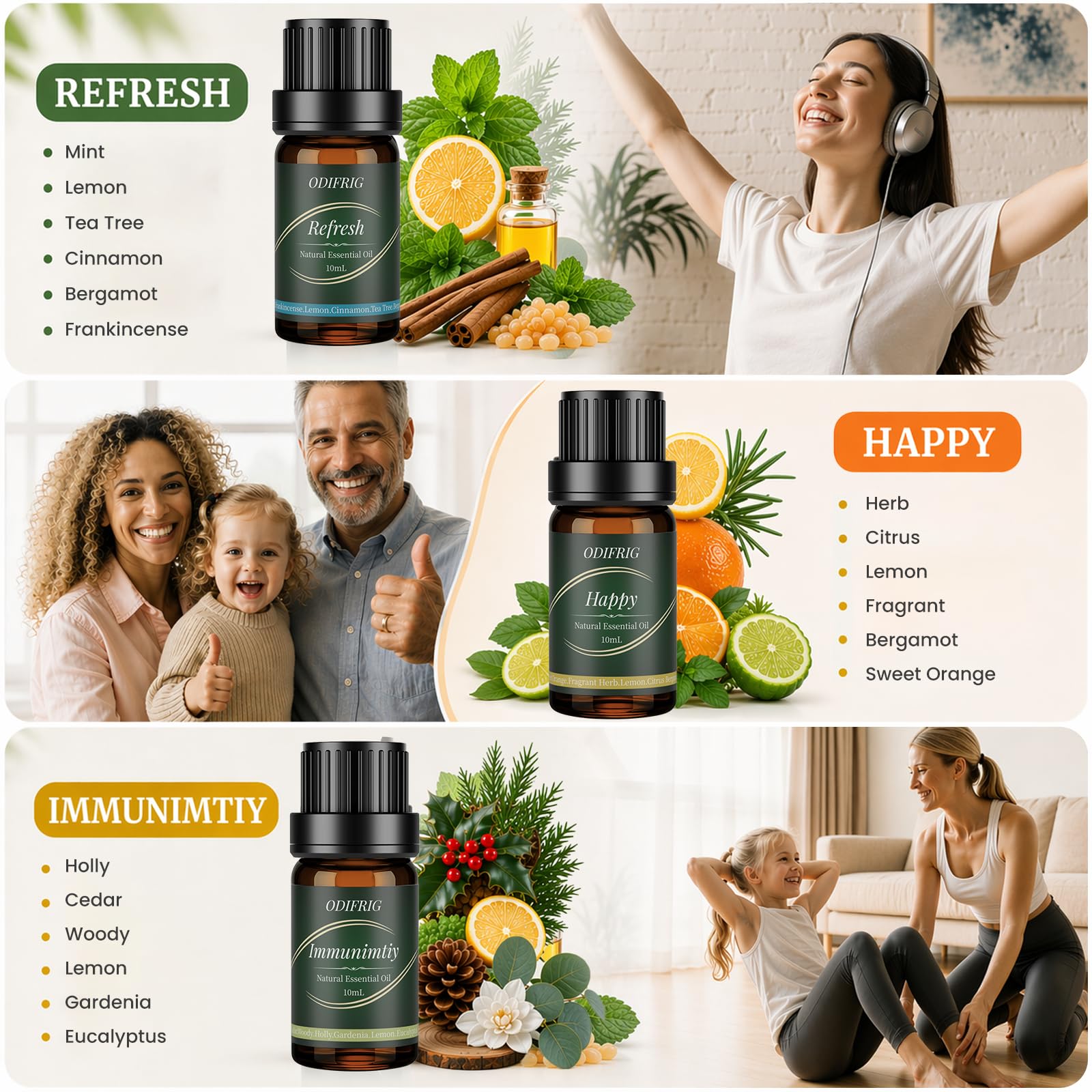 Oli Essenziali per Diffusore 6x10ml,Set Oli Essenziali Naturali per Aromaterapia Relax, Sonno,Anti Stress e Benessere,Spa Casa, Umidificatore - Refresh,Relief,Sleep,Breathe,Immunity & Happy