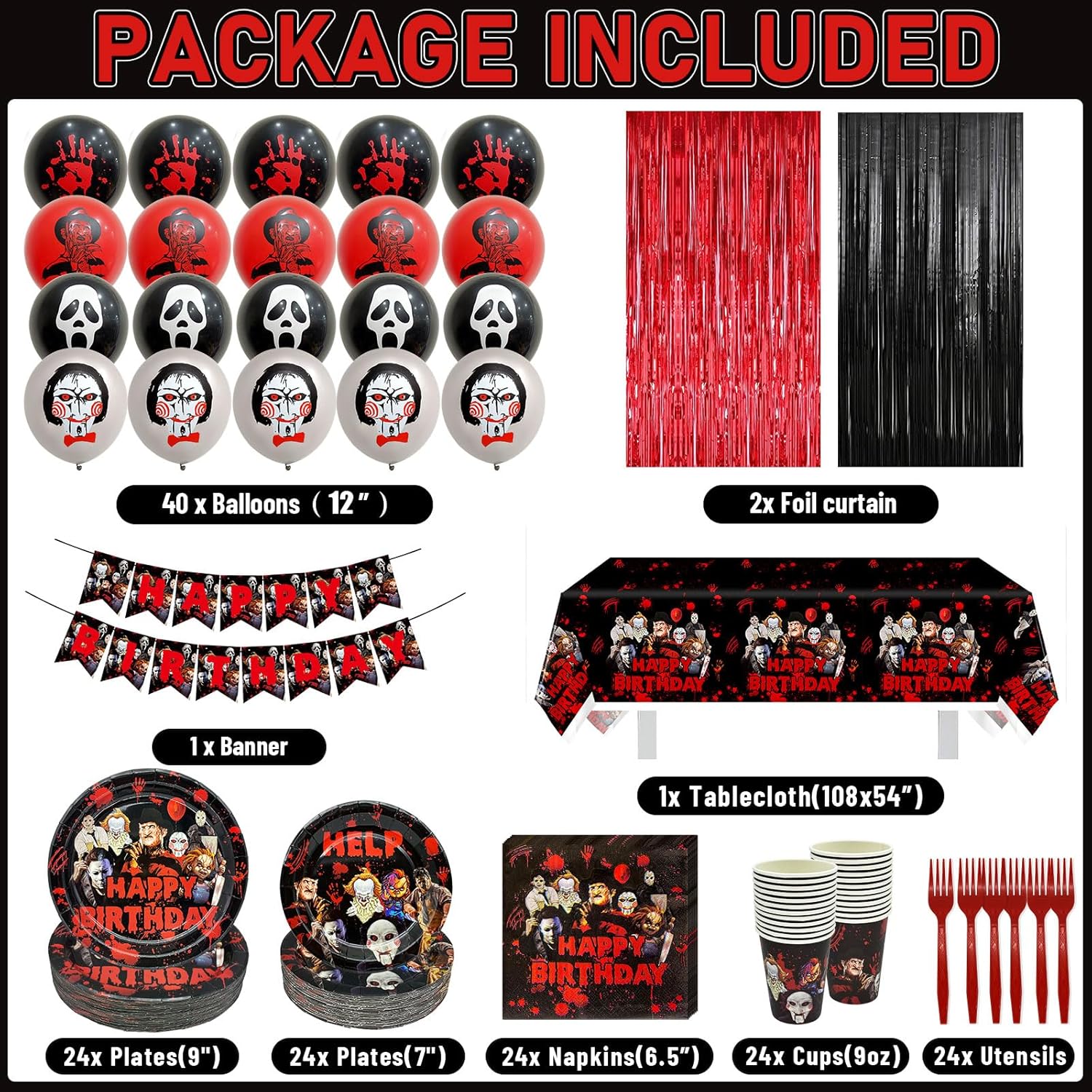 164 Pcs Horror Birthday Party Decorations Horror Movie Birthday Banner Happy Birthday Halloween Party Decorations for Halloween Bloody Scary Theme Party Supplies