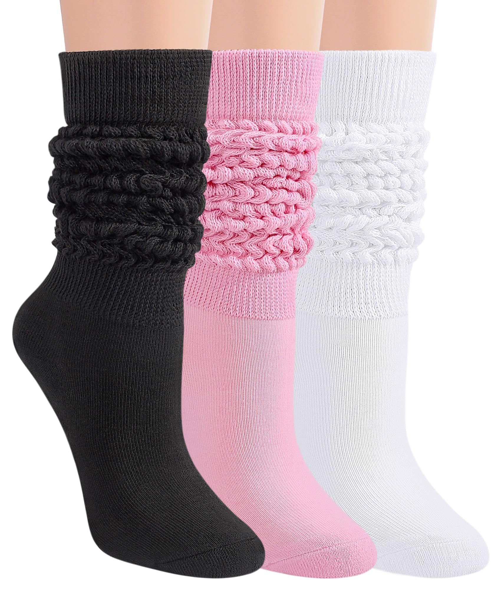 Slouch Socks Women 3 Pairs Scrunch Knit Knee High Boot Socks Size 6-11, Black-white-pink