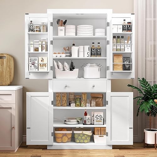 72” Kitchen Pantry Cabinet, Tall Storage Cabinet with 4 Doors and 1 Drawer, 6 Doors Shelves Freestanding Cupboard for Kitchen, Dining Room, Living Room, White - White