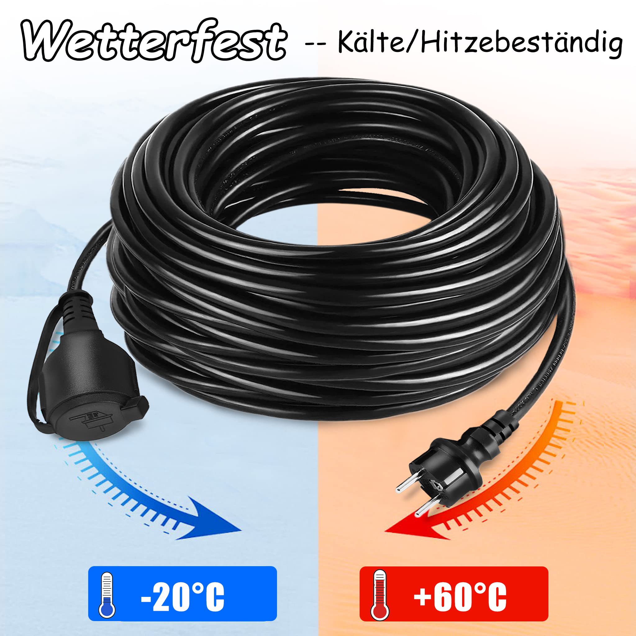 NAIZY Rallonge Électrique 30m pour Barrette Multiprise, Cordon d'Extension Noir IP44 avec Housse de Protection, Prise Euro, Câble d'Extension