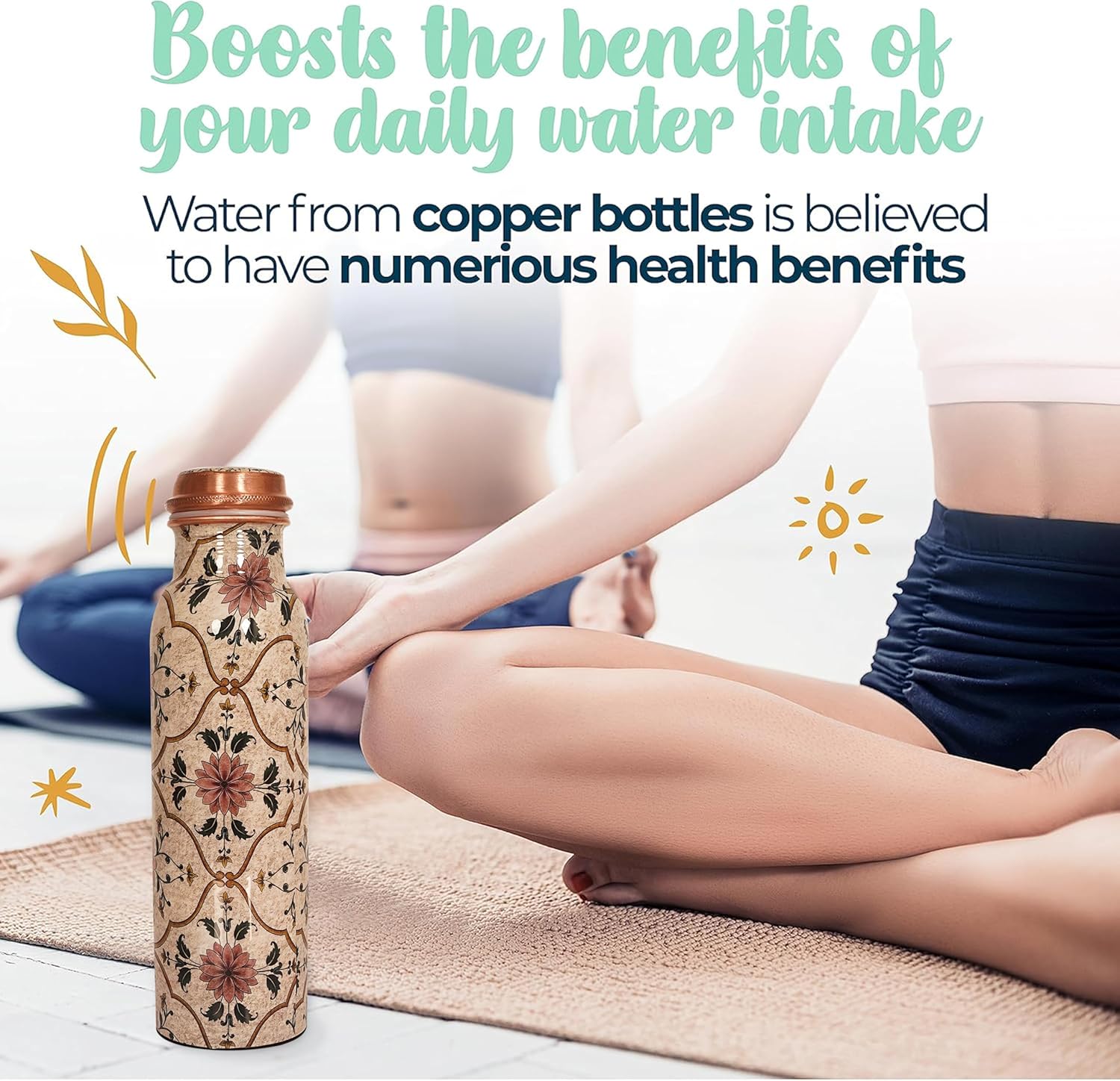 Copper Water Bottle 34 Oz Large Copper Water Bottle For Drinking 100% Pure Ayurvedic Multicolor Vessel For Leak-Proof Lid Bottle for Yoga, Gym, Office, Home & Travel (IVORY PRINTED)