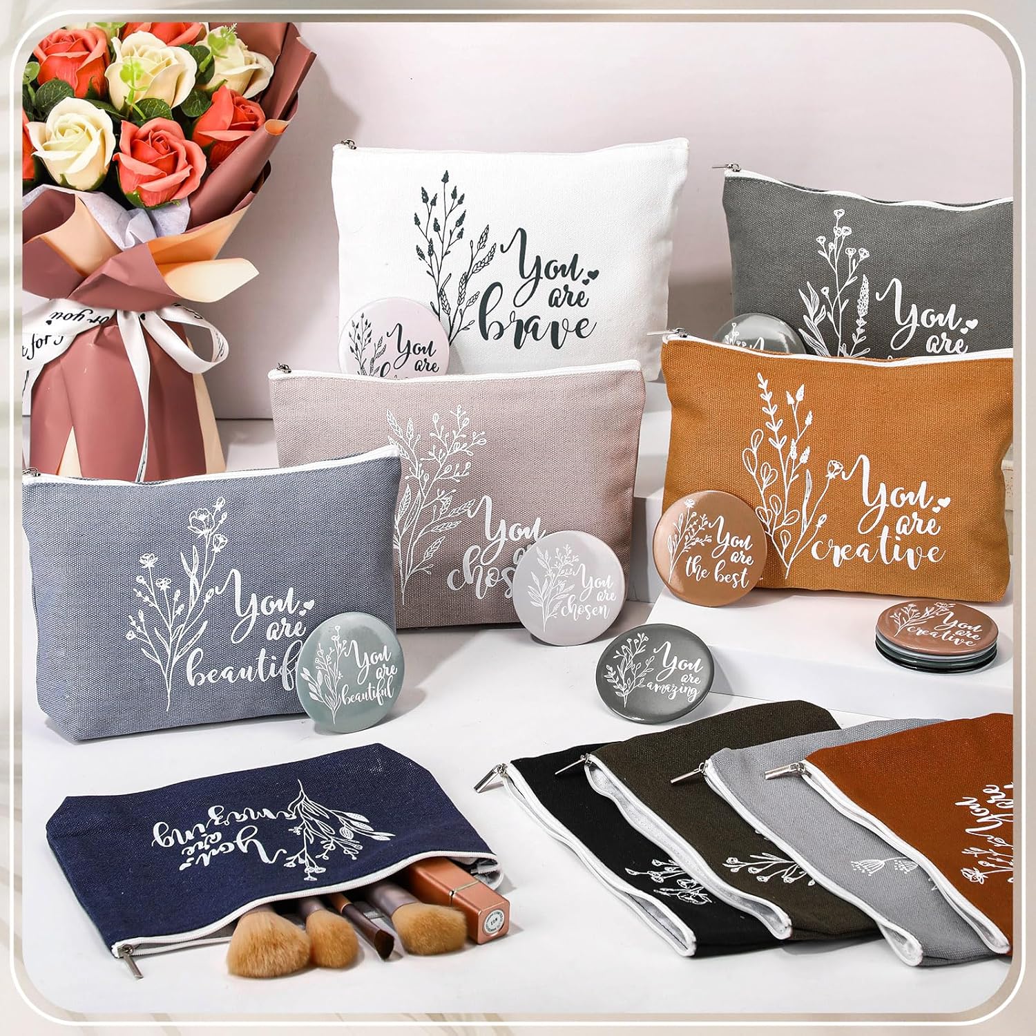 20 Pcs Employee Appreciation Gifts For Women Inspirational Canvas Makeup Bags Portable Compact Mirror Bulk Cosmetic Bags Thank You Gifts for Social Worker Coworkers (Bohemian,Boho) - Image 4