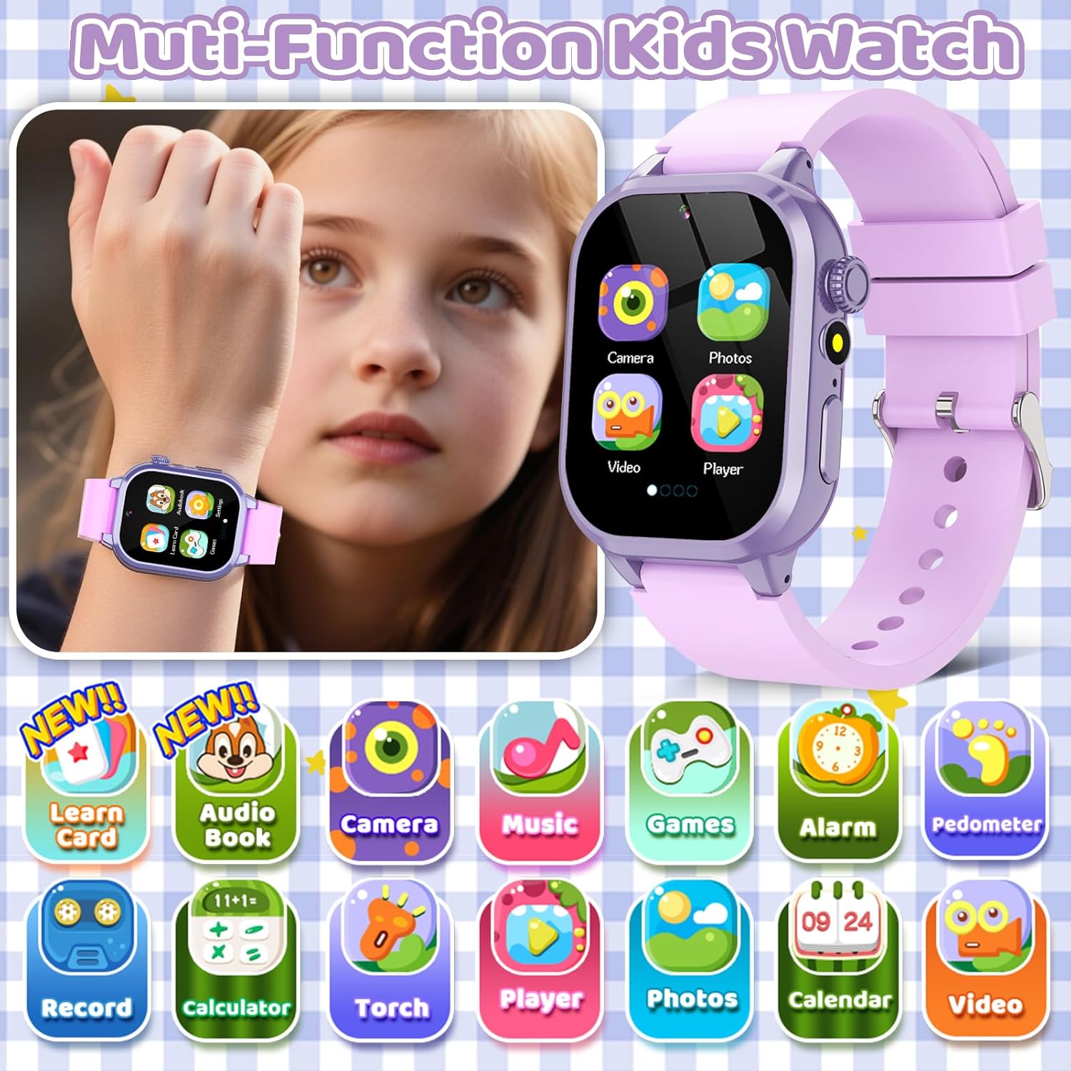 Kids Game Smart Watch 1.54" HD Touch Screen, 30+ Educational Games, Camera, Pedometer, Alarm, MP3 Player, Torch, Auidobook, Learn Card,Time Tools, Parental Control, Wrist Watch for Boys Girls (Purple)