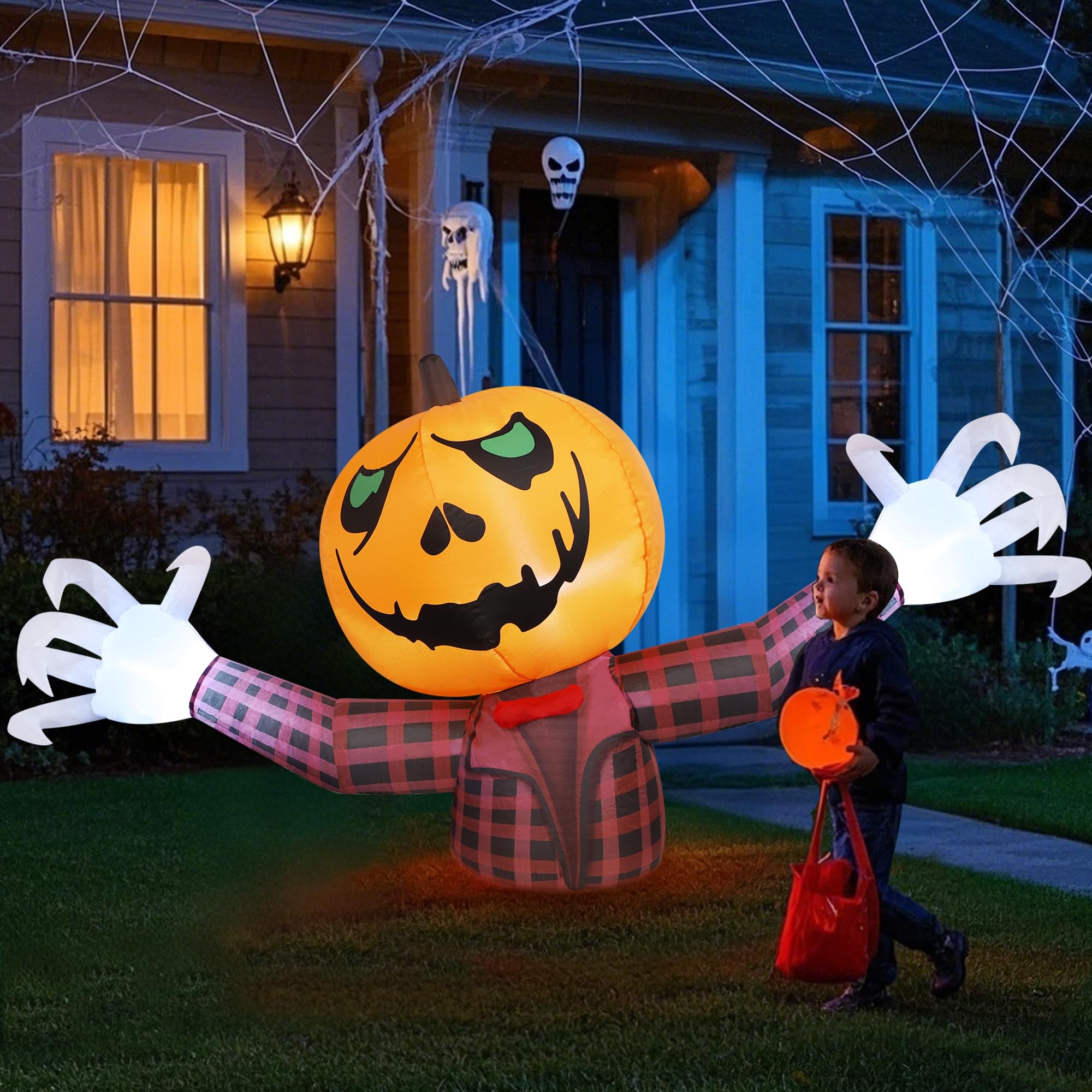 Youngfan Halloween nadmuchiwany duch dyni o długości 7 stóp Nadmuchiwany duch dyni Jack-O-Lantern na zewnątrz ze światłami LED, idealny na podwórko, ogród, imprezę i uroczystości