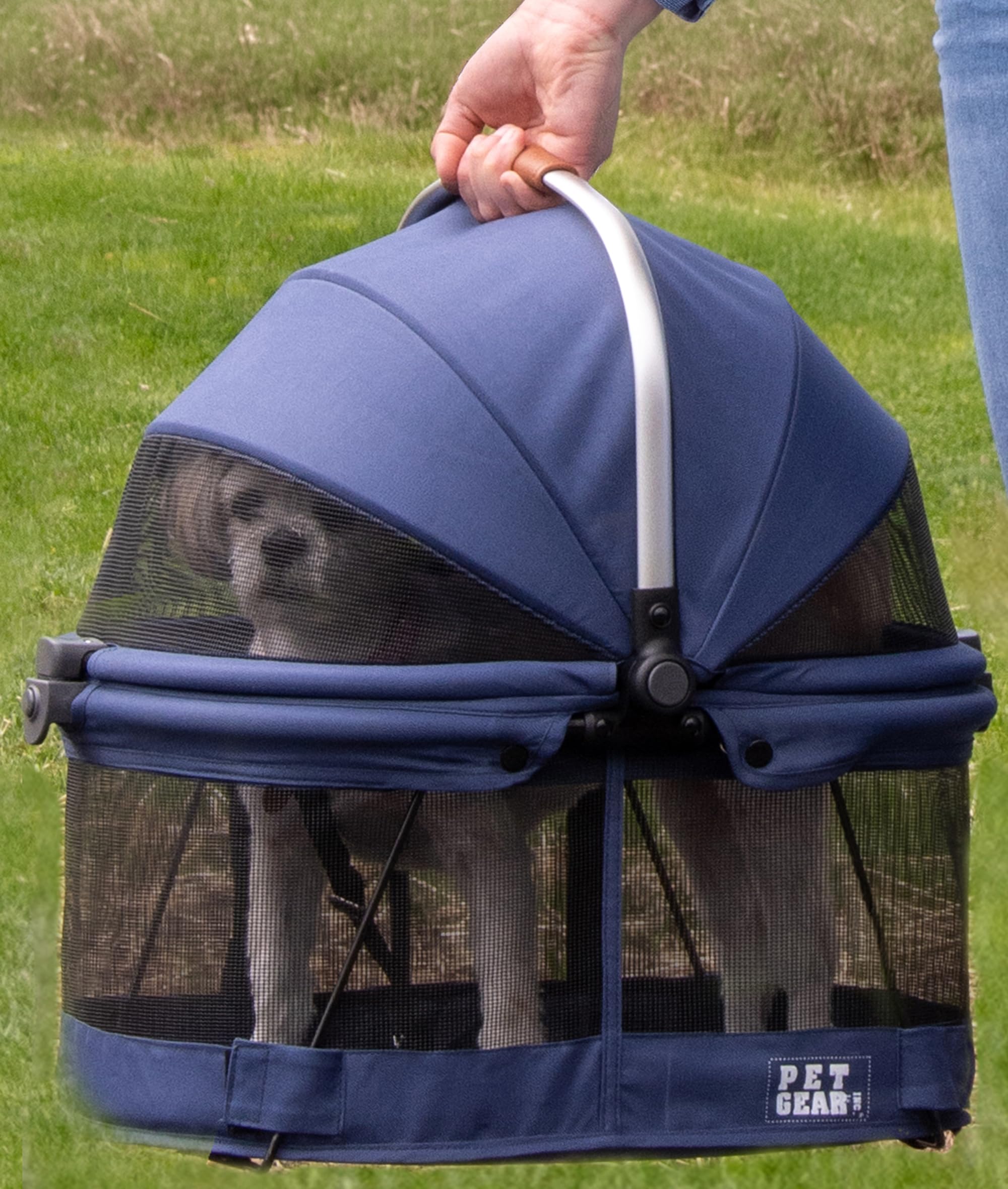 Pet Gear No-Zip View 360 Pet Safety Carrier & Car Seat for Small Dogs & Cats Push Button Entry, View 360 20-inch, Denim — image 1