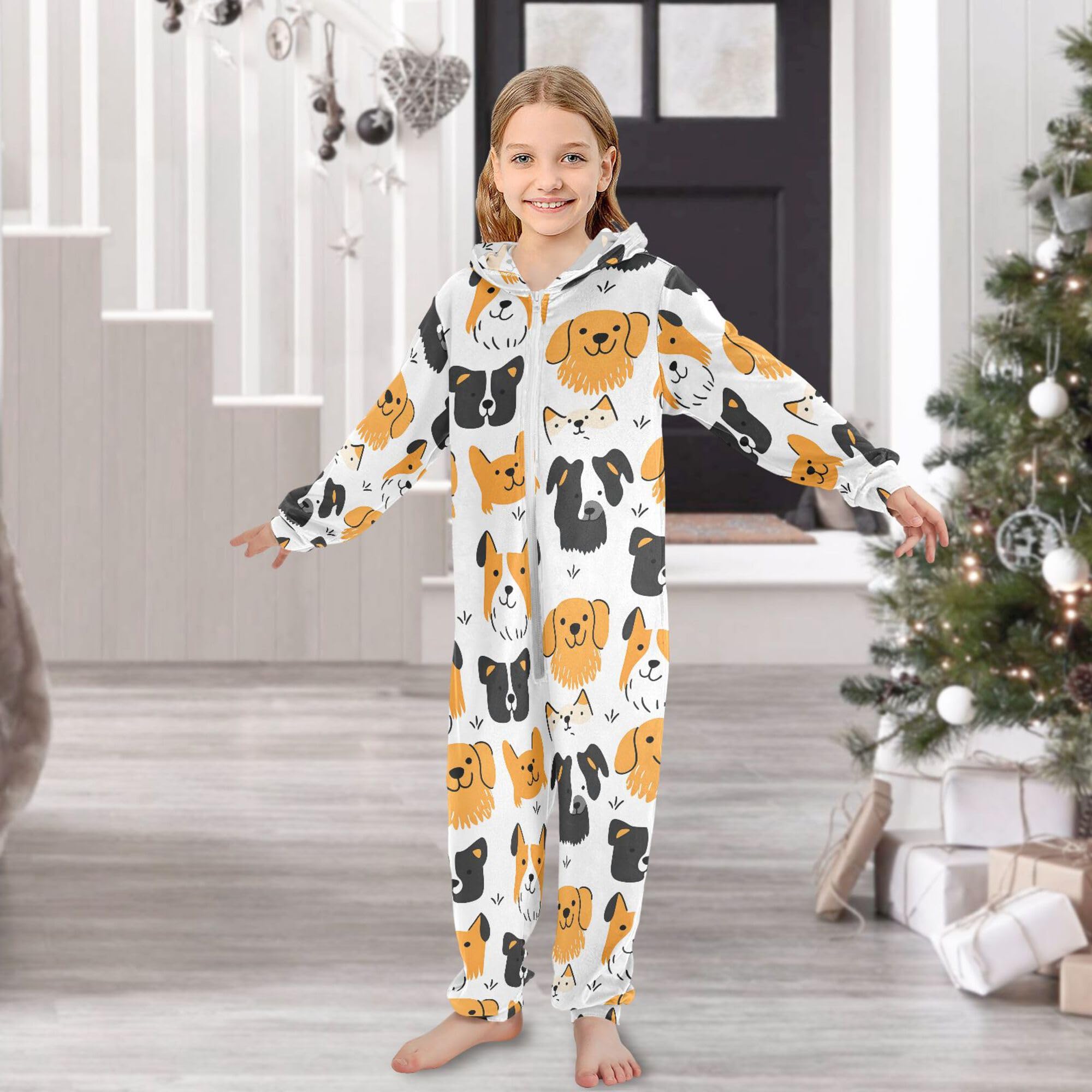 ALAZA Pigiama intero in flanella con cappuccio e cerniera, tuta coordinata per bambini, morbida e calda, abbigliamento sportivo per la casa, 5-6T