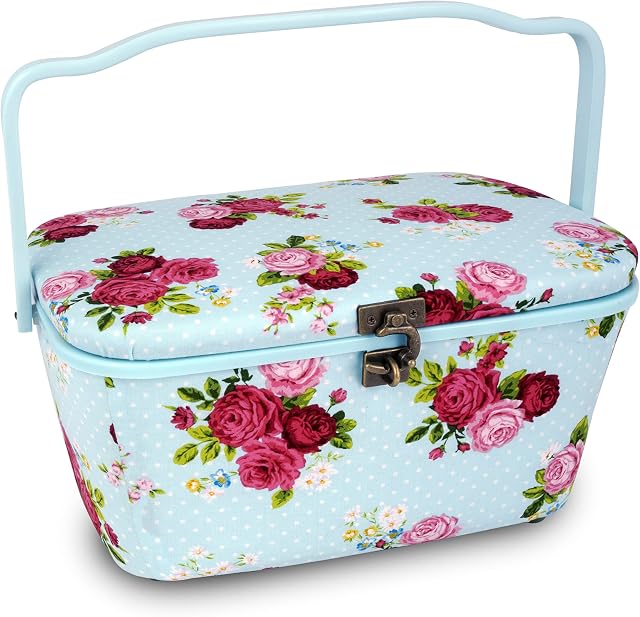 Dritz Large Oval, Blue Floral Sewing Basket