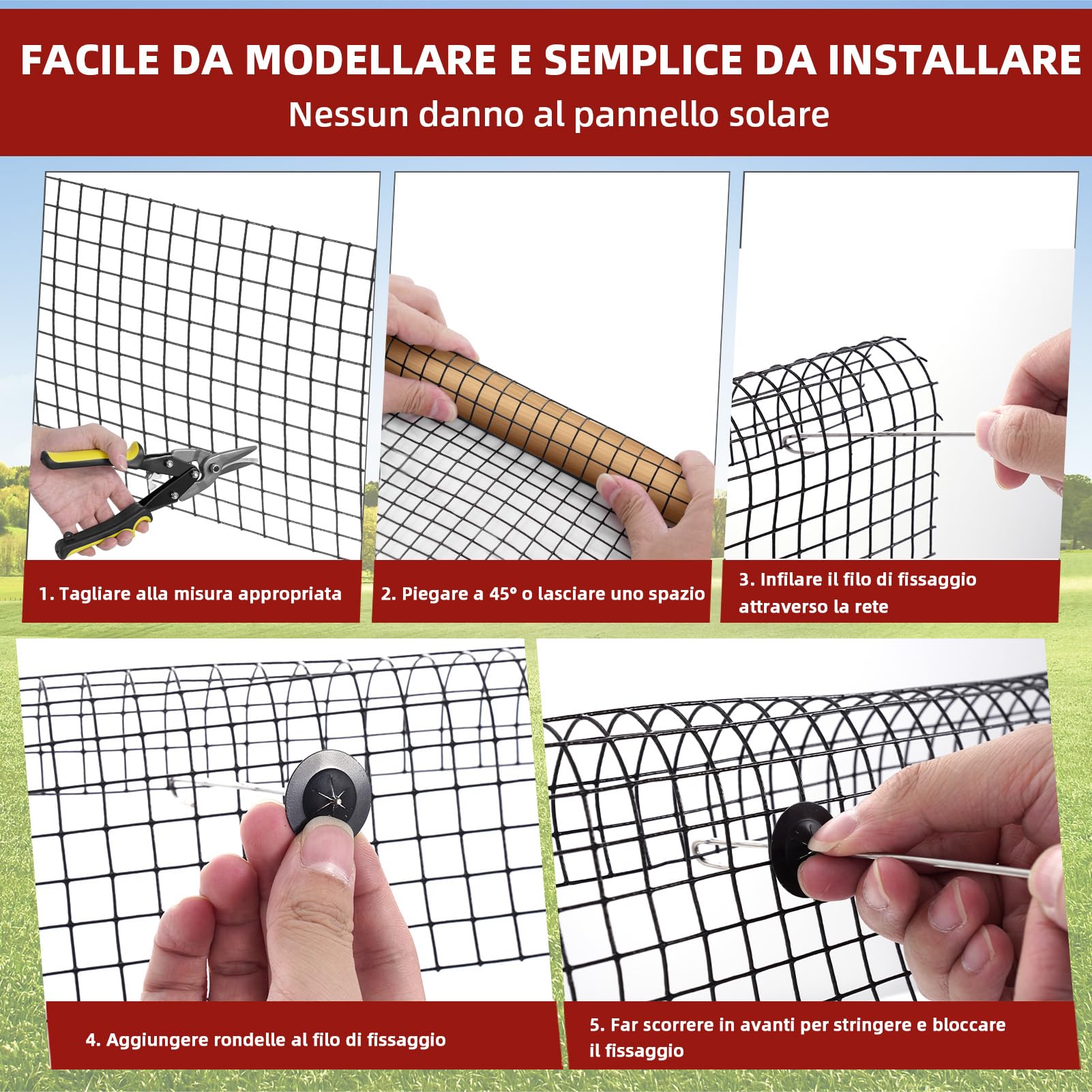 Griglia di Protezione per Pannello Solare in Rotolo 15cm x 30m, Kit Anti-Uccelli 70 Fascette in Acciaio Inox Rivestimento in PVC Antiruggine Rete Metallica da 12,7 mm