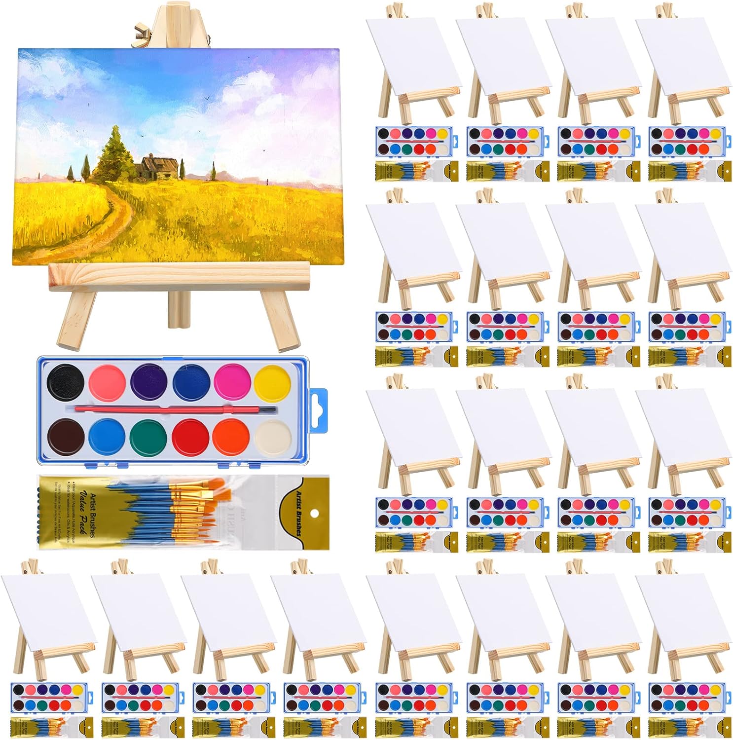 Sabary 20 Set Paint Kit Wood Easel Set Include 20 Wood Easels 20 Pcs 5 x 7 Inch Canvases 200 Pcs Brushes and 20 Pcs Watercolor Paint Art Supplies for Adults