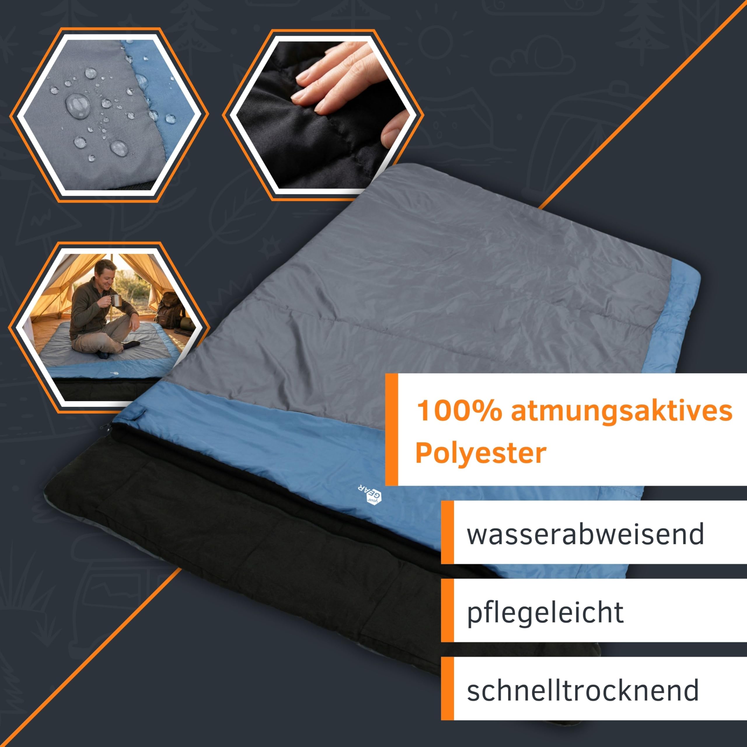 your GEAR Sumatra Duo - Saco de dormir para 2 personas (7 °C, doble manta, 230 x 160 cm, forro 100% algodón), color azul y gris