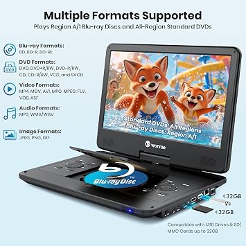 WONNIE 16.9 Portable Blu Ray Player with 14.1 1080P Full HD Large Swivel Screen, Blu-ray DVD Player with HDMI Out & AV in, 4-5 Hours Rechargeable Battery, Support MP4, MOV Video & USB/SD Card