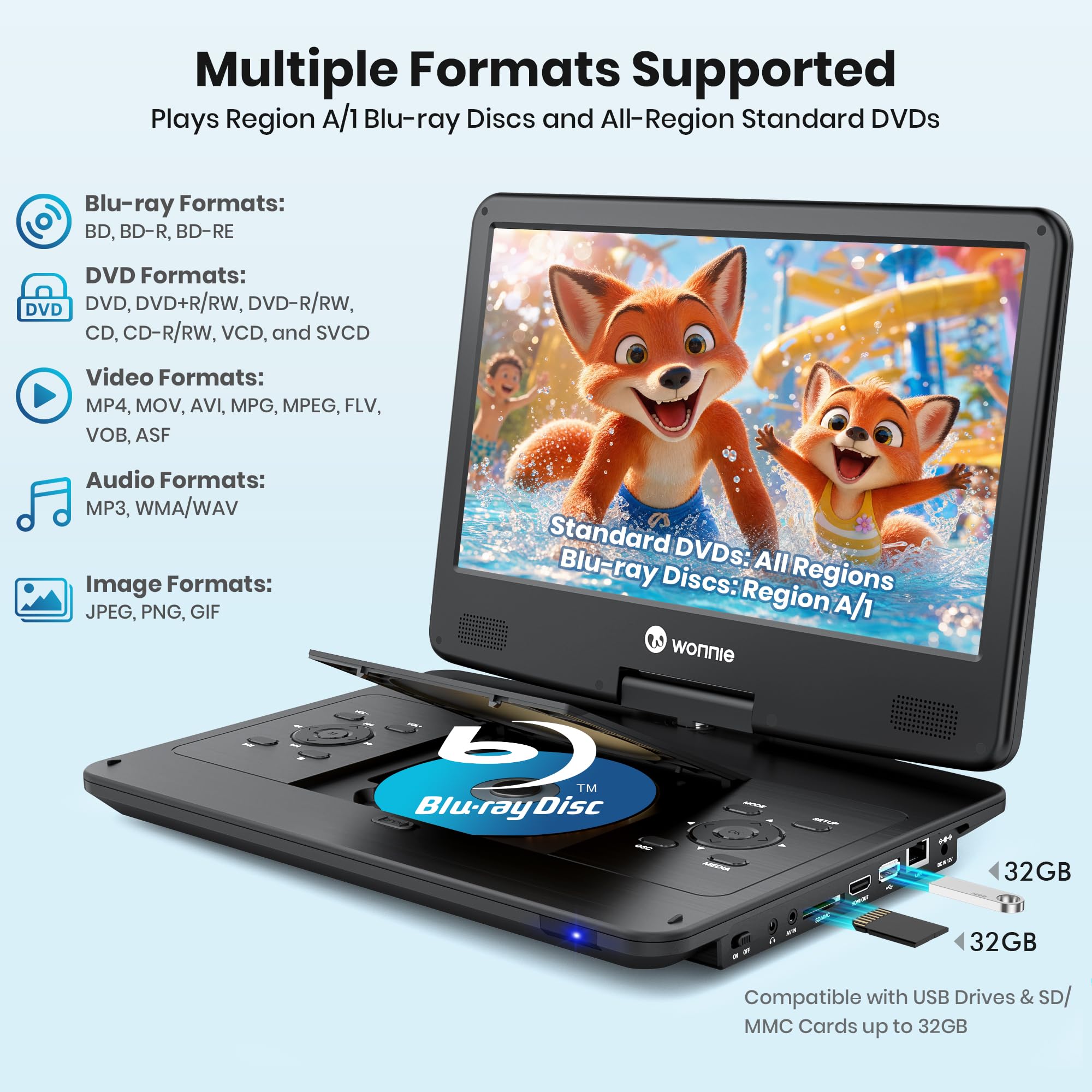 WONNIE Lettore Blu Ray portatile da 16,9 pollici con schermo girevole Full HD da 14,1 pollici 1080p, lettore DVD Blu-ray con uscita HDMI e ingresso AV, batteria ricaricabile 4-5 ore, supporto MP4