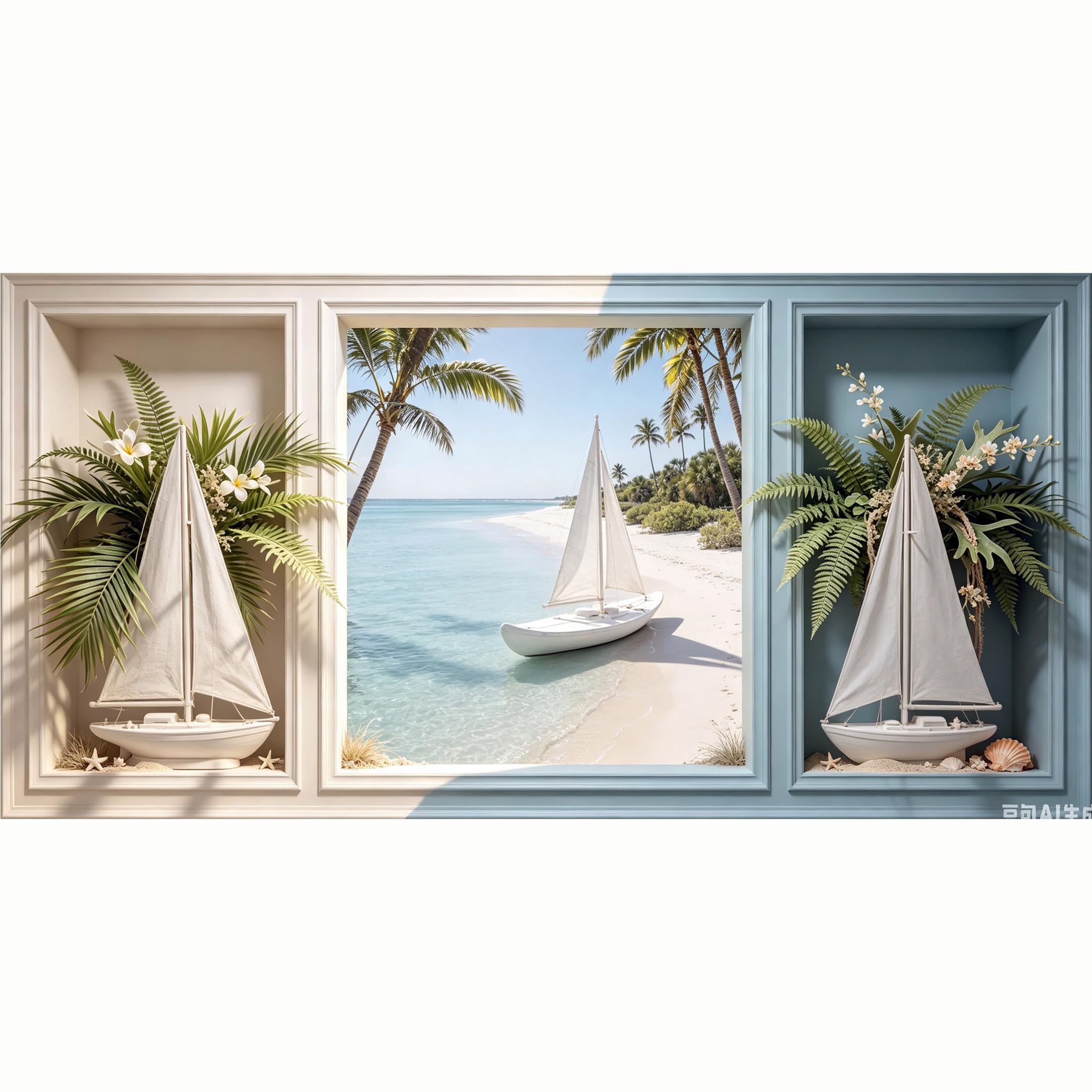 QZLITHOTIC 50x100cm 3D Framed Wall Art， Tropical Coastal Sailboat Beach Seascape 3D Trompe l'oeil Self‑Adhesive Mural， Water‑Activated Peel & Stick Fabric Decor Wall Decal for Bedroom Living Room