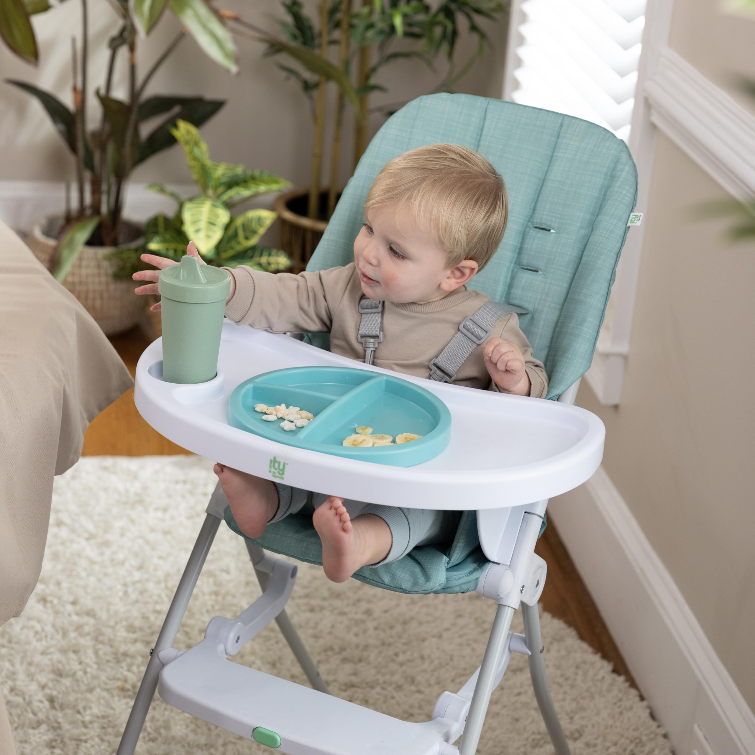 Ingenuity: ity by Ingenuity, Chaise Haute Pliable Compacte Sun Valley, Assiette Sûre Alimentaire, Harnais 5 Points, Dès 6 Mois, Unisexe - Turquoise