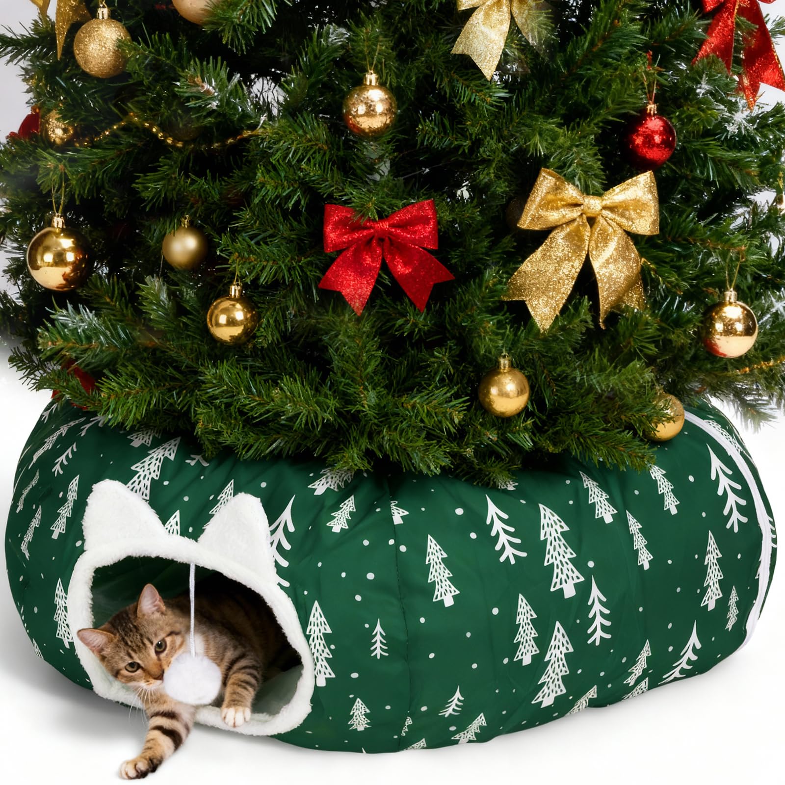 Cat Tunnel Bed Under Christmas Tree, Cat Tunnel Christmas Tree Skirt for Indoor Cats, Donut Tunnel Toys for Multiple & Large Carts, for Kitten, Rabbit, Puppy, Green Tree