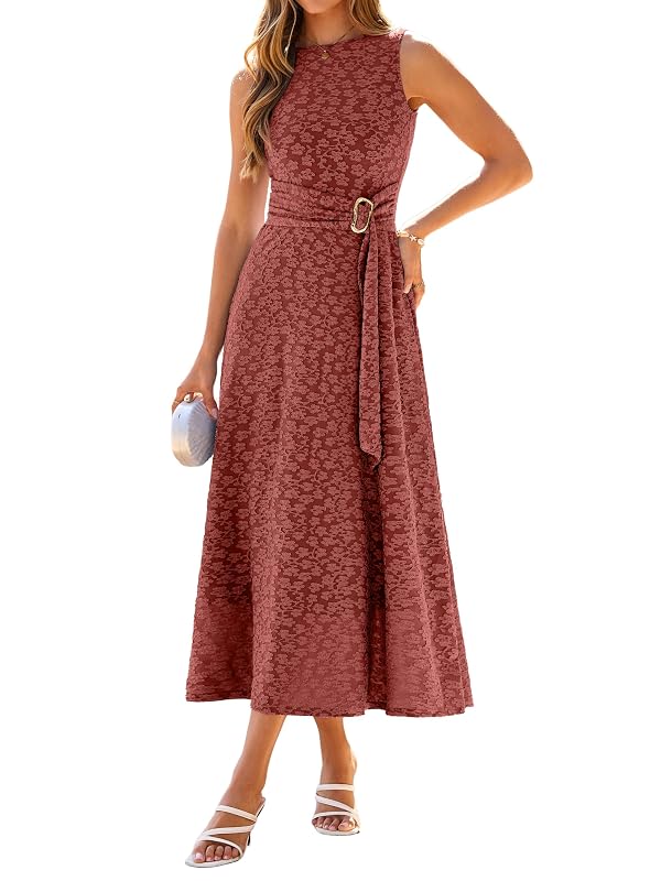 Simplee Women's Summer Floral Maxi Dress 2026 Boho Sleeveless Flowy Tie Knitted Vintage Beach Vacation Cocktail Party Dresses(Rust Red XL) by Simplee - Used condition - US$42.47