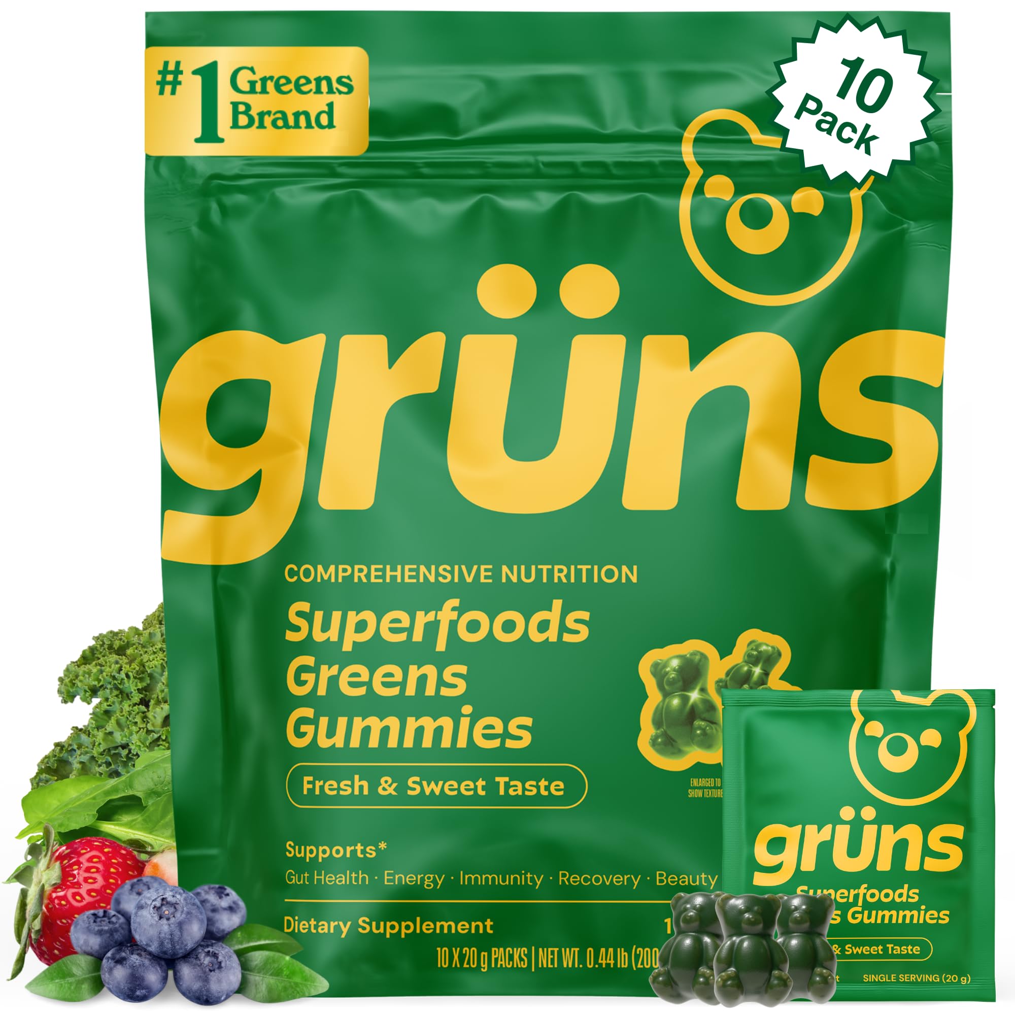 Grüns Multivitamínico para Adultos em Gomas com Vitaminas, Minerais, Prebióticos e Fibras, 10 gomas