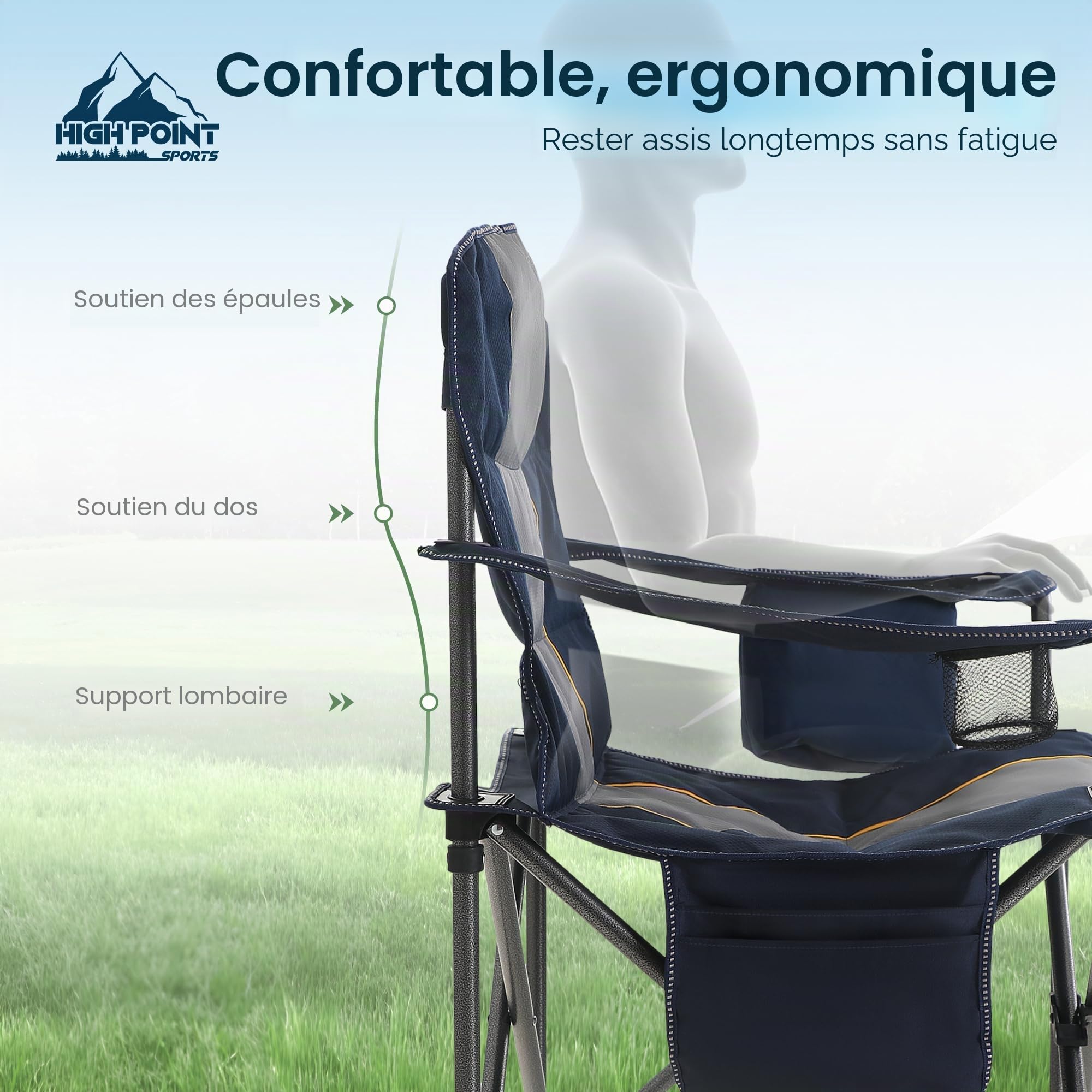 High Point Sports Chaise Pliante Camping Fauteuil Pliable Chaise de Plage 200KG Chargeable Chaise Pliante 62cm Largeur d'assise avec Poche latérale & Porte, Camping, Jardin, Pêche, Terrasse, Bleu