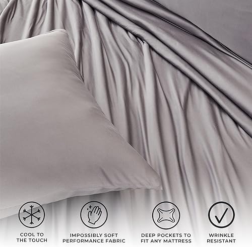 Miniatura 2 de Juego de sábanas tamaño matrimonial de lujo con 2 fundas de almohada, tela ultrasuave, refrescante y transpirable, sábanas grises, juego de 4 piezas