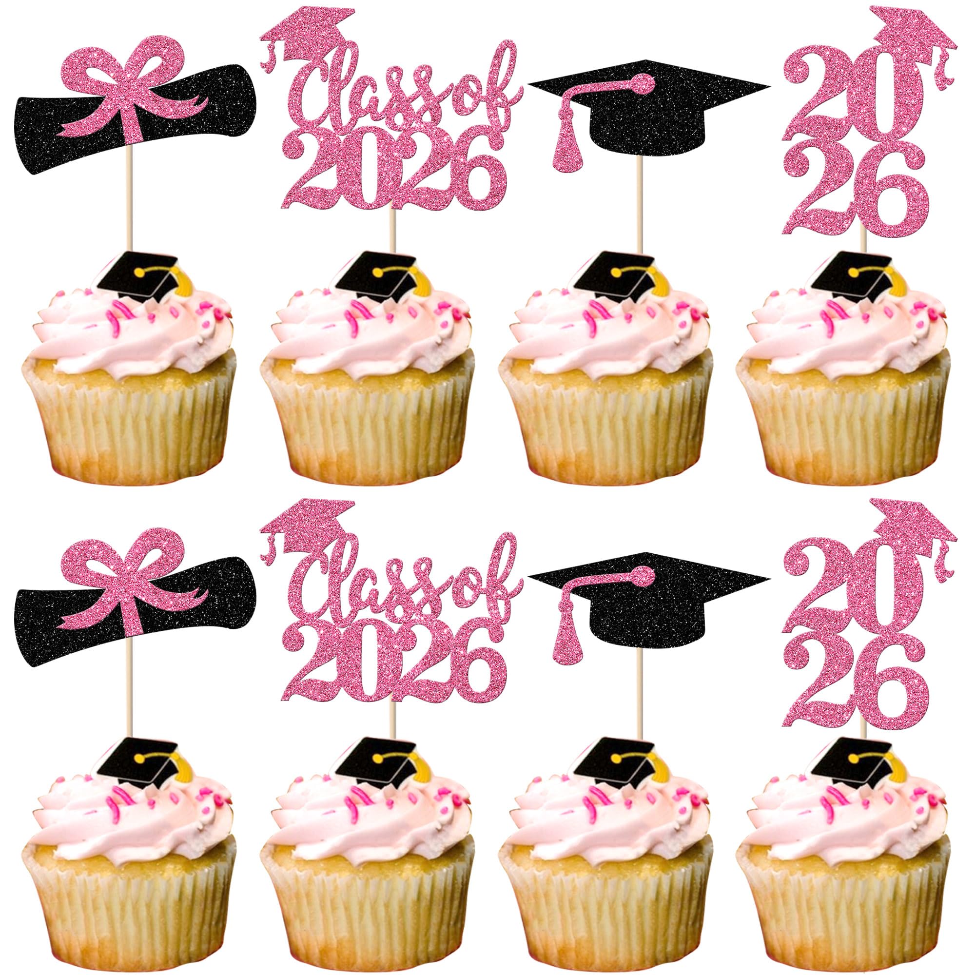 SYKYCTCY 24 Pack 2026 Graduation Theme Cupcake Toppers with Glitter Class of 2026 Diploma Grad Cap Cupcake Picks Decorations for Graduation Theme School Boys Girls Graduate Party Supplies Pink — image 1