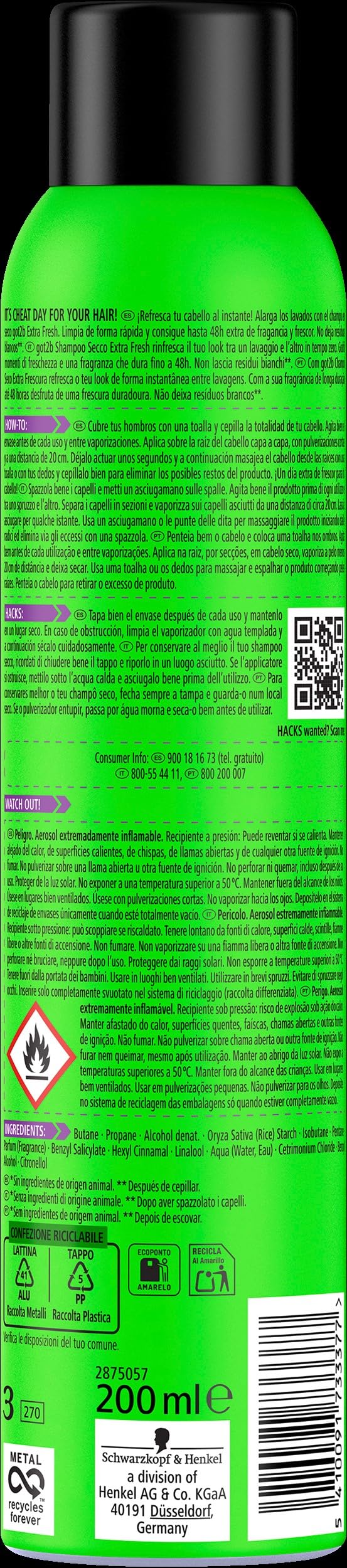 Got2b - Shampoo Secco Freschezza Extra - 3 pezzi da 200 ml (600 ml) - Rinfresca i capelli istantaneamente - Un giorno di freschezza extra per i tuoi capelli