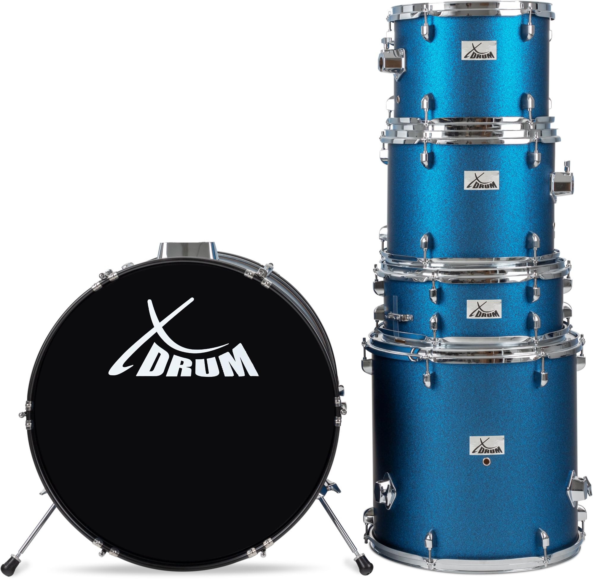 XDrum Semi 22" Standard Schlagzeug Satin Blue Sparkle - 22" BD, 12" TT, 13" TT, 16" FT, 14" SD - Set inkl. 16" Crash Becken und Galgenbeckenständer - Blau