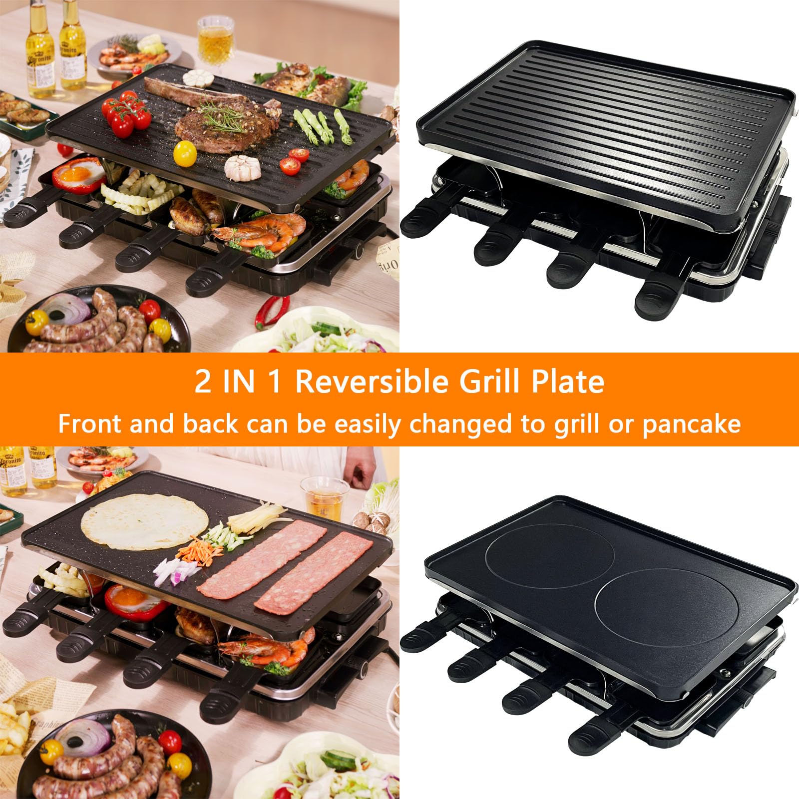 Parrilla de barbacoa coreana 2 en 1, parrilla eléctrica antiadherente Raclette con 8 sartenes de raclette, temperatura ajustable de 1300 W, reversible, sin humo para fiestas familiares en interiores 2