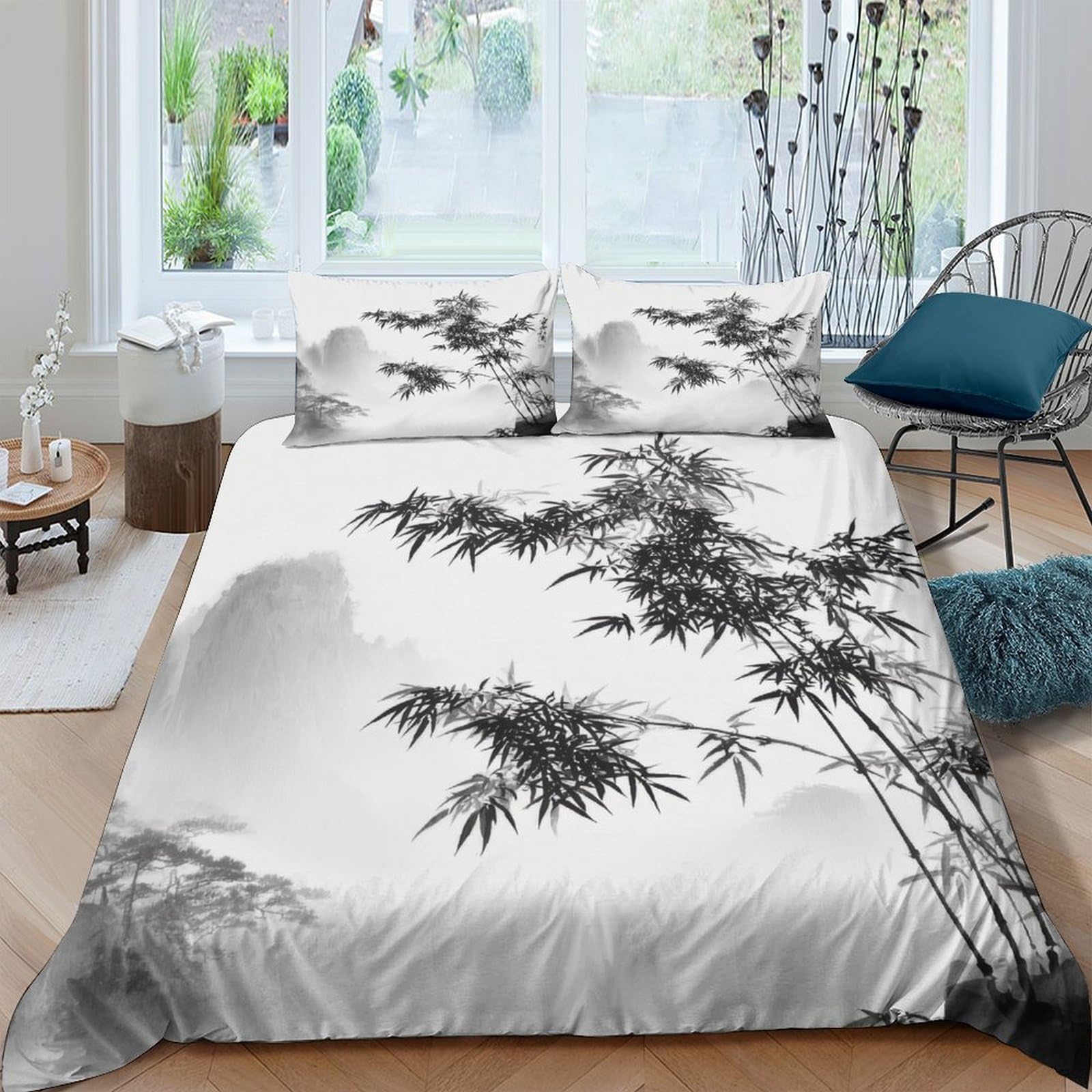 Ctjqhvkz Style-9 3D Printed Bamboo Ink Fitted Sheet Microfiber Soft Artistic Mist Bed Sheet For Bedroom Guest Room Decor Single（135X200cm）