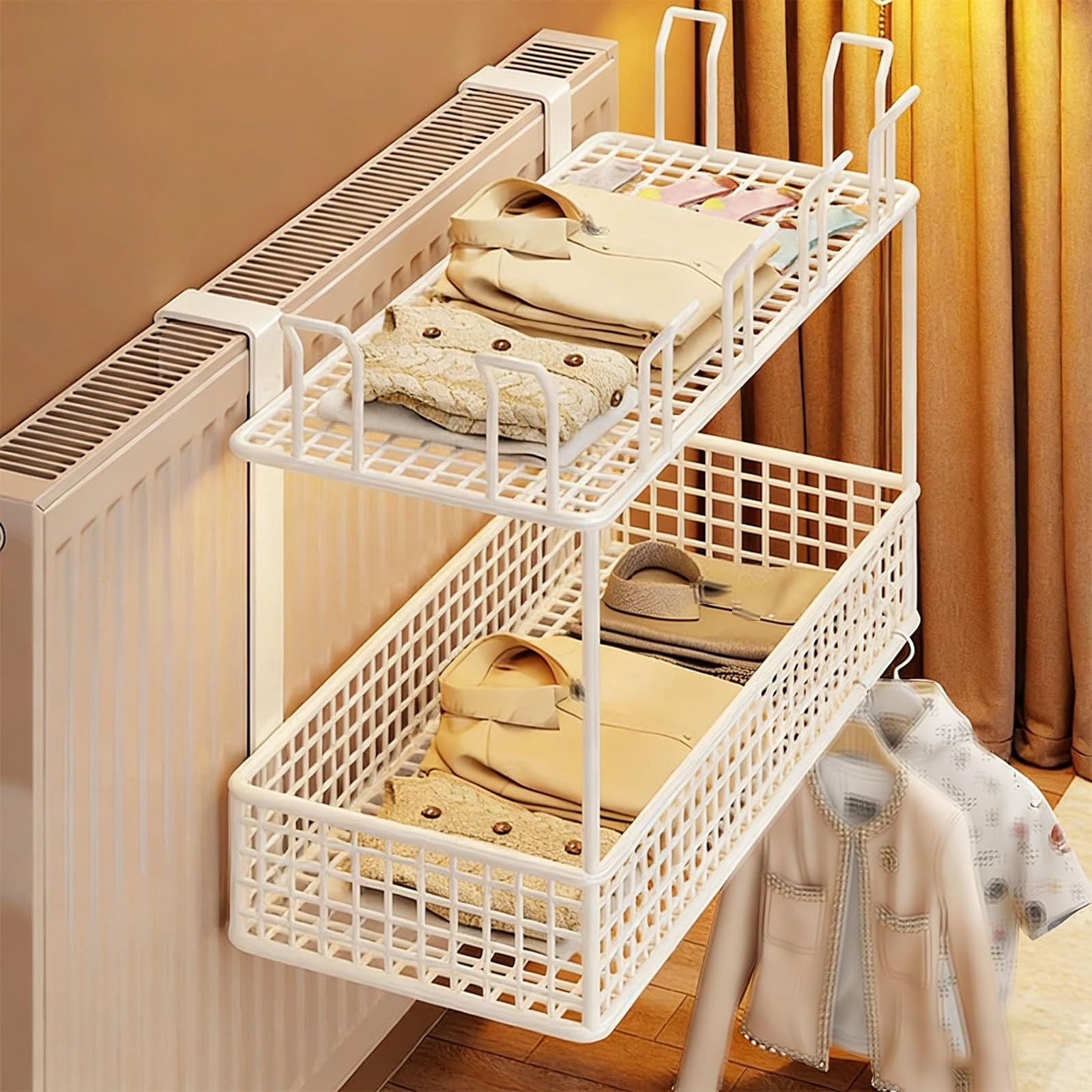 Pxamortel White Floating Radiator Storage Shelf Rack Wrought Iron Hanging Radiator Shelf, Black, Multiple Sizes, No Drill, Strong(,40X21x27cm)