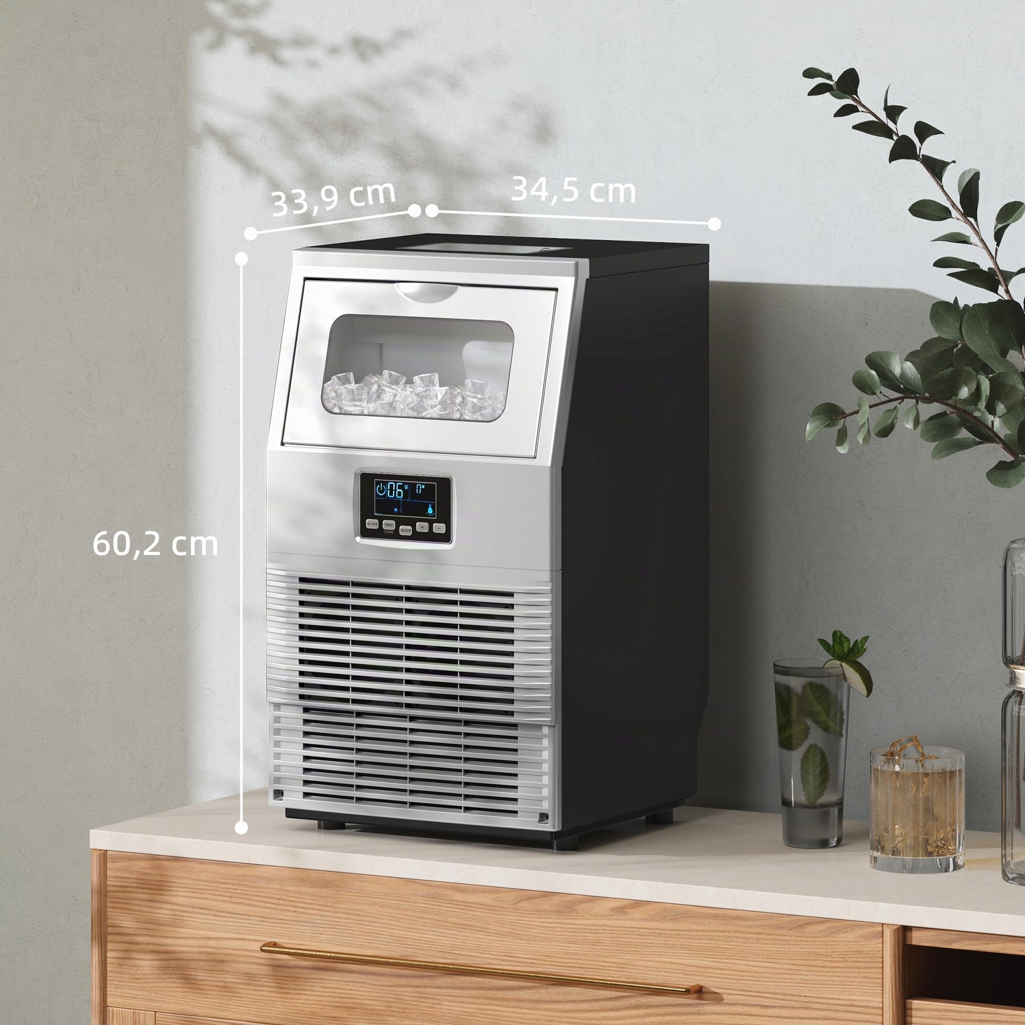 HOMCOM Máquina de cubitos de hielo comercial 30kg/24H Máquina de hielo con control digital, pala de hielo, autolimpiante Máquina de hielo de acero inoxidable para oficina, restaurante, bar, cafetería