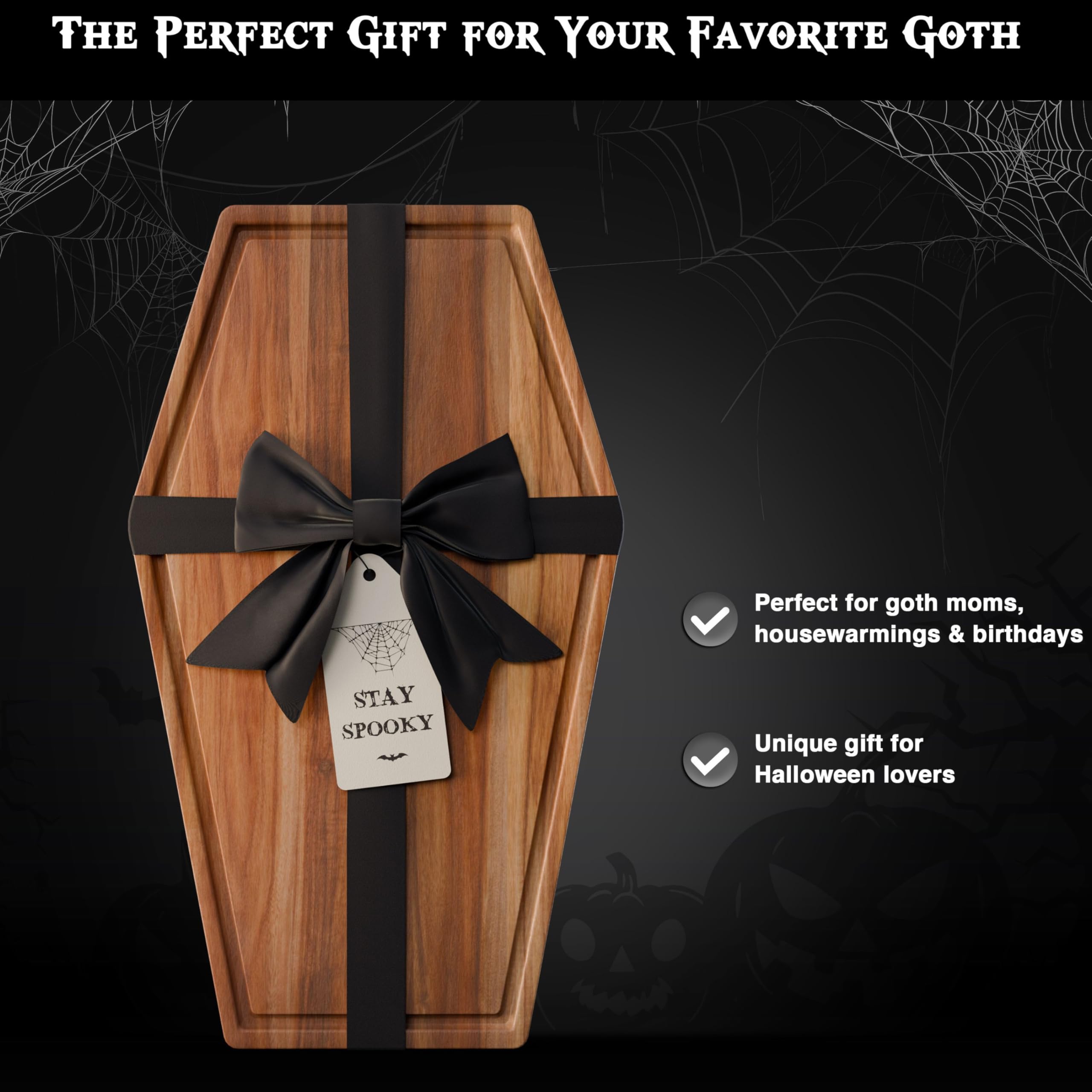 Großes Sarg-Charcuterie-Brett – Gothic-Schneidebrett aus Akazienholz, Sargform, 43,2 x 26,7 cm, Halloween-Holz-Serviertablett, Gothic-Platte, gruselige Dekoration, Geschenke