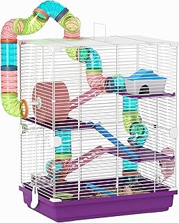 PawHut Käfig für Hamster, Nagetiere, 4 Etagen, mit Tunnel, Futterhaus, Rad, Leitern, Maße: 46 x 30 x 58 cm, Violett