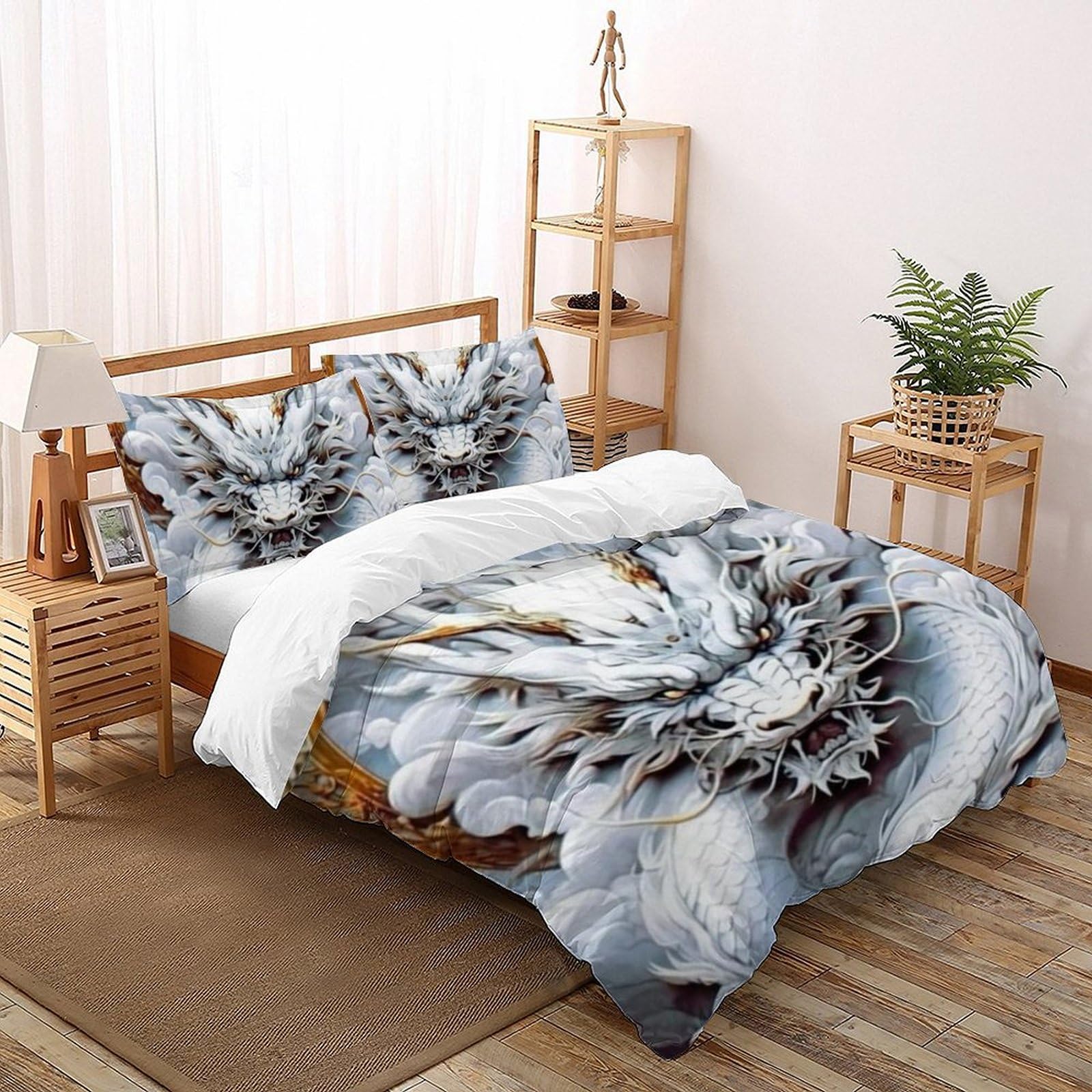 Housse de couette dragon blanc 200x200 microfibre en lit double