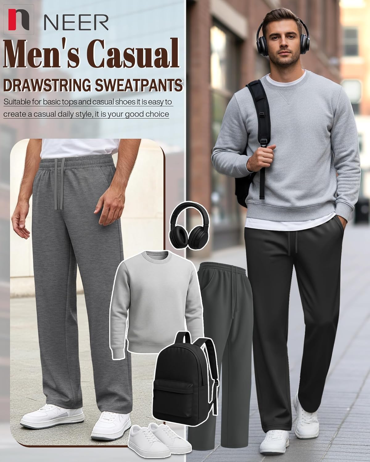 Neer 3 Pack Men's Drawstring Sweatpants Open Bottom Joggers Workout Athletic Tall Lounge Pants Wide Leg with Pockets - Image 3